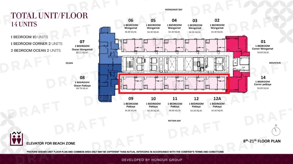 Sale DownCondoPattaya, Bangsaen, Chonburi : Once Wongamat 1-bed 34.3 South facing, HOT position, high floor, sea view on Pattaya side