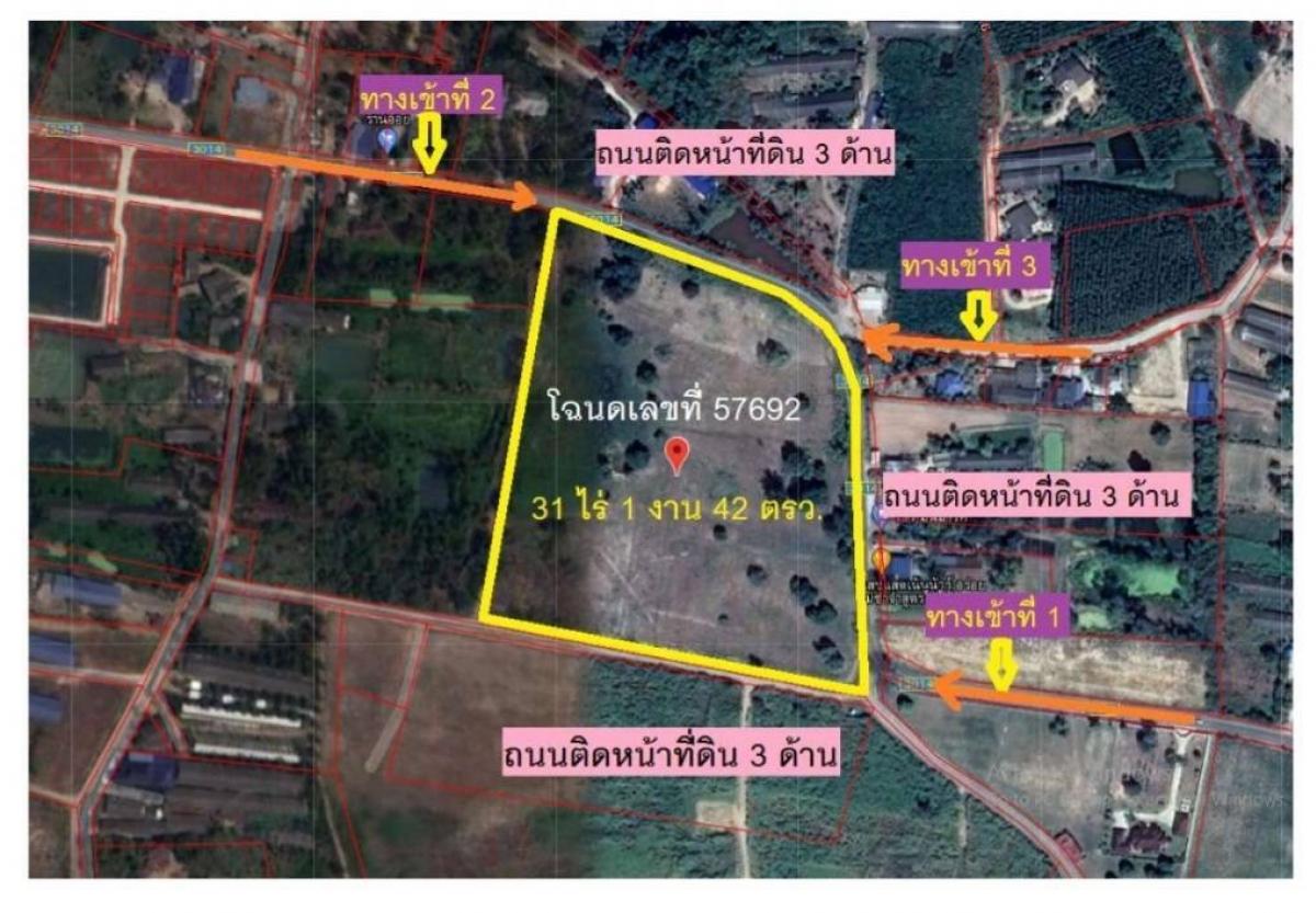 For SaleLandPattaya, Bangsaen, Chonburi : Land for sale, 31 rai, 1 ngan, 42 square wa, yellow map, 3 sides of road, 3 entrances and exits, 3-phase electricity, located in Tambon Mon Nang, Phanat Nikhom District, Chonburi Province.