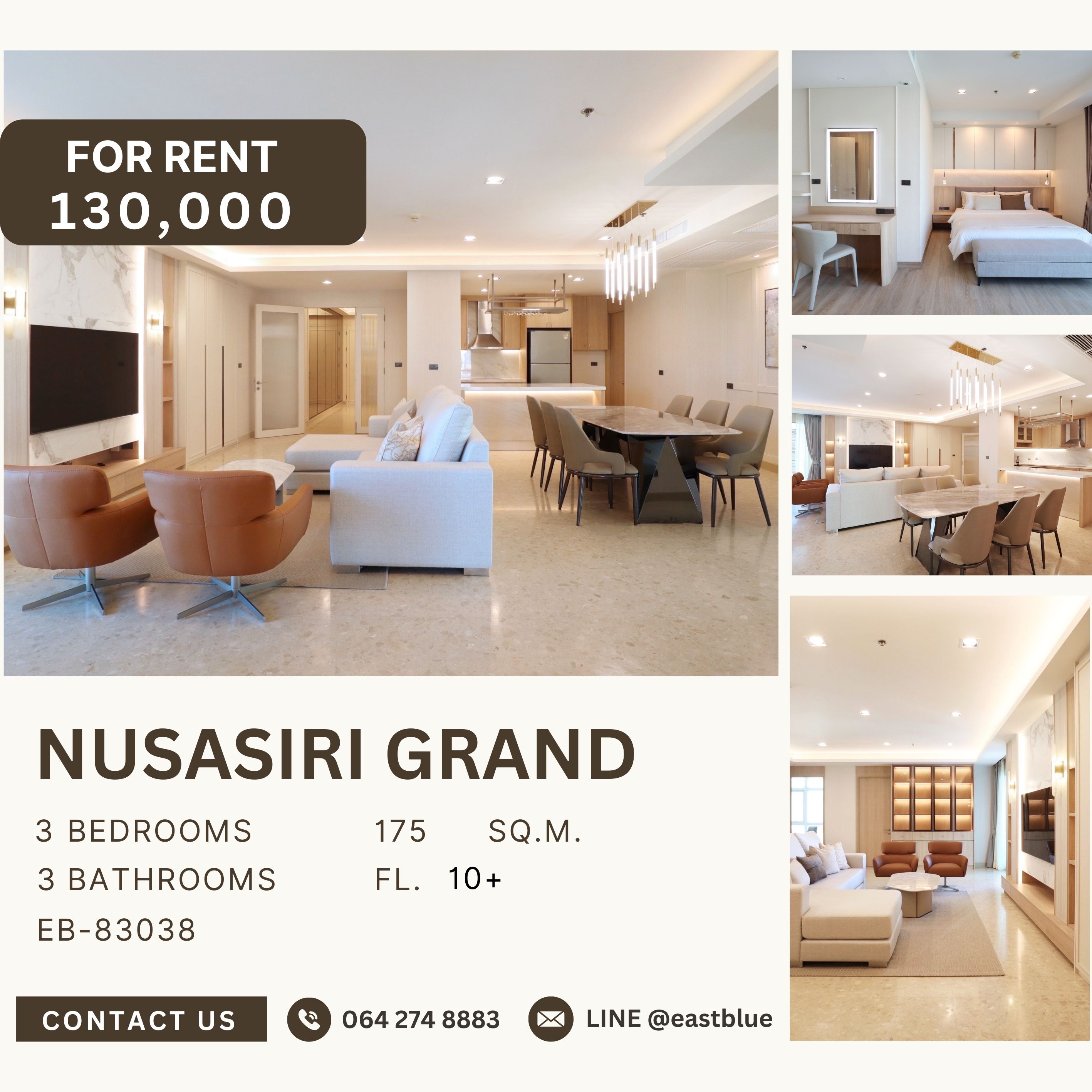 ให้เช่าคอนโดสุขุมวิท อโศก ทองหล่อ : Nusasiri Grand Condo, 3 bed, 130000 per month