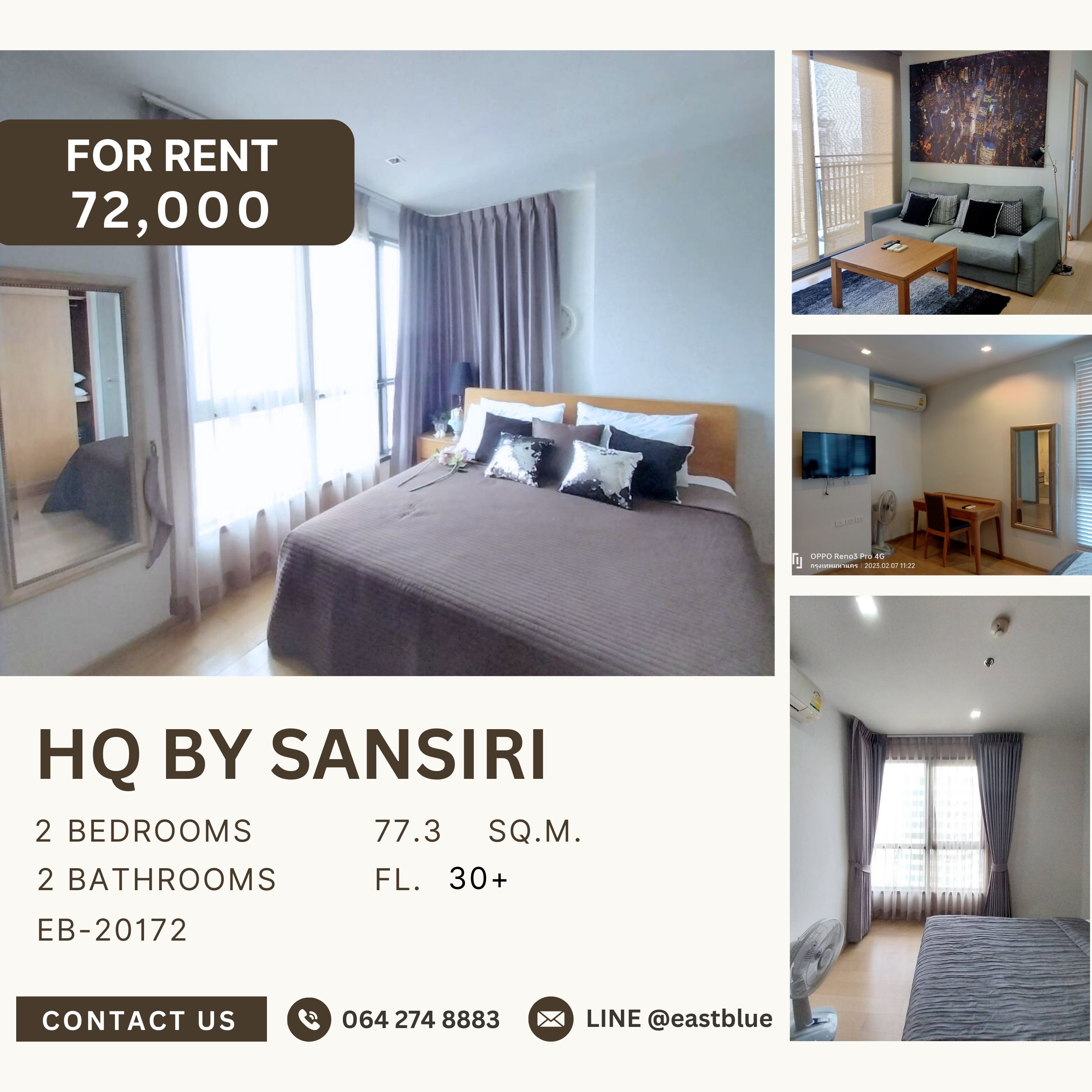 ให้เช่าคอนโดสุขุมวิท อโศก ทองหล่อ : HQ By Sansiri, 2 bed, 72000 per month