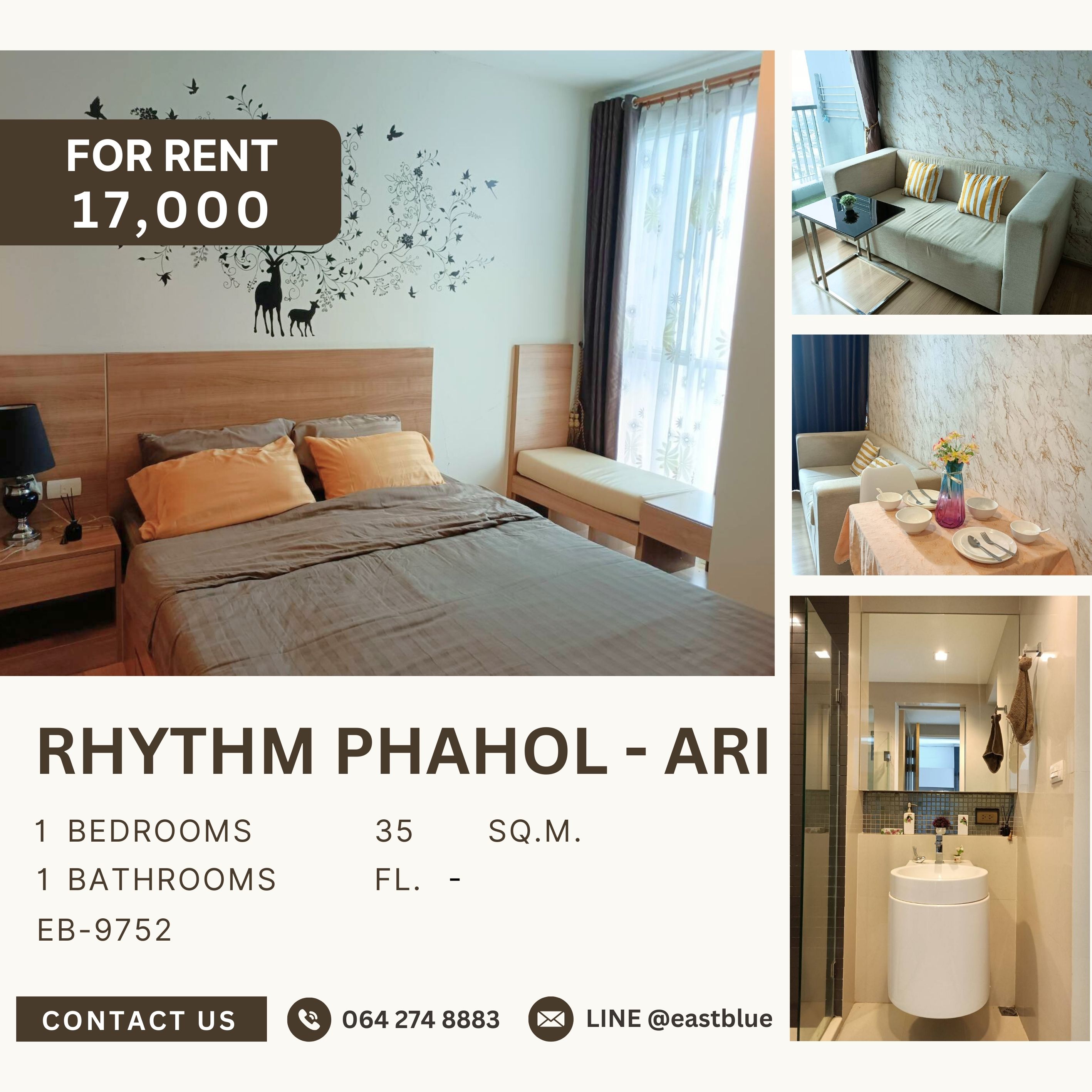 ให้เช่าคอนโดสะพานควาย จตุจักร : Rhythm Phahol - Ari, 1 bed, 17000 per month