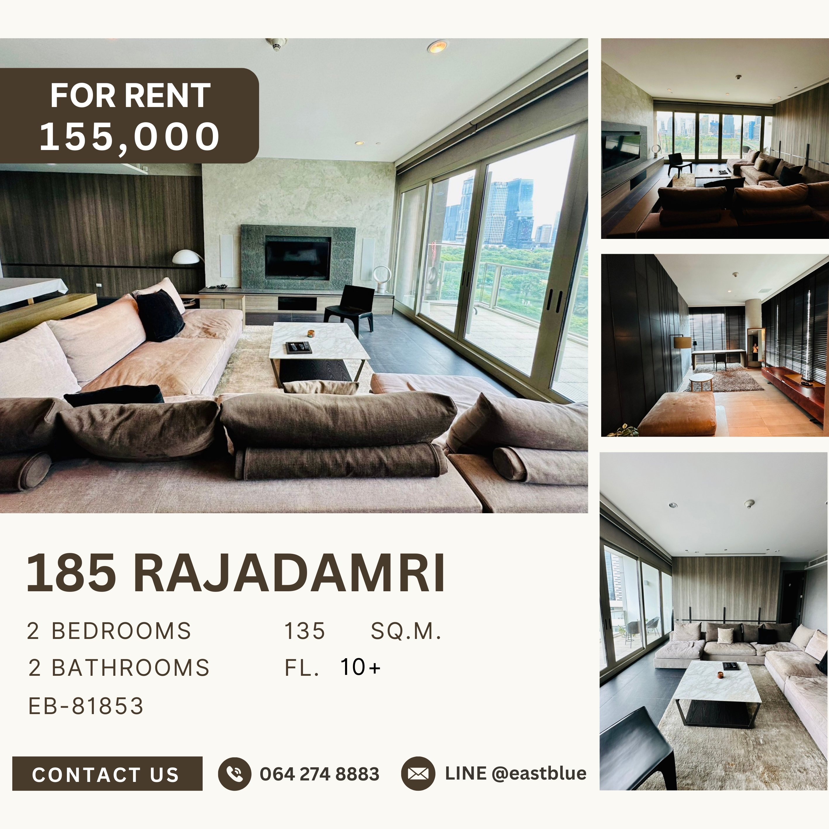 For RentCondoWitthayu, Chidlom, Langsuan, Ploenchit : 185 Rajadamri, 2 bed, 155000 per month