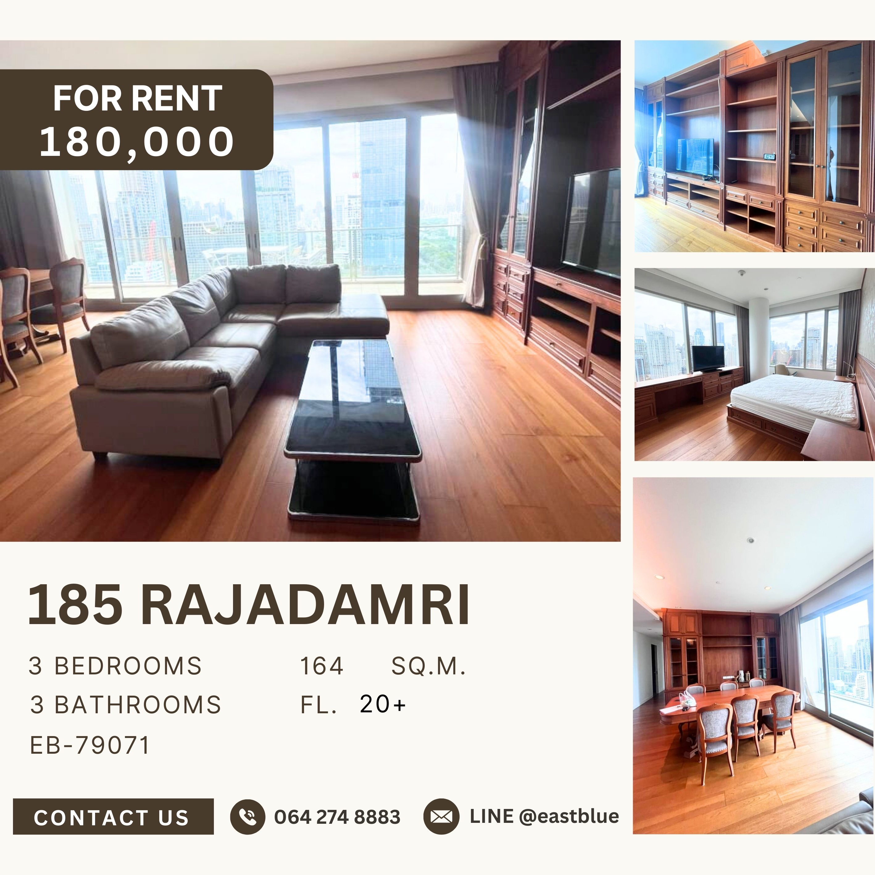 For RentCondoWitthayu, Chidlom, Langsuan, Ploenchit : 185 Rajadamri, 3 bed, 180000 per month