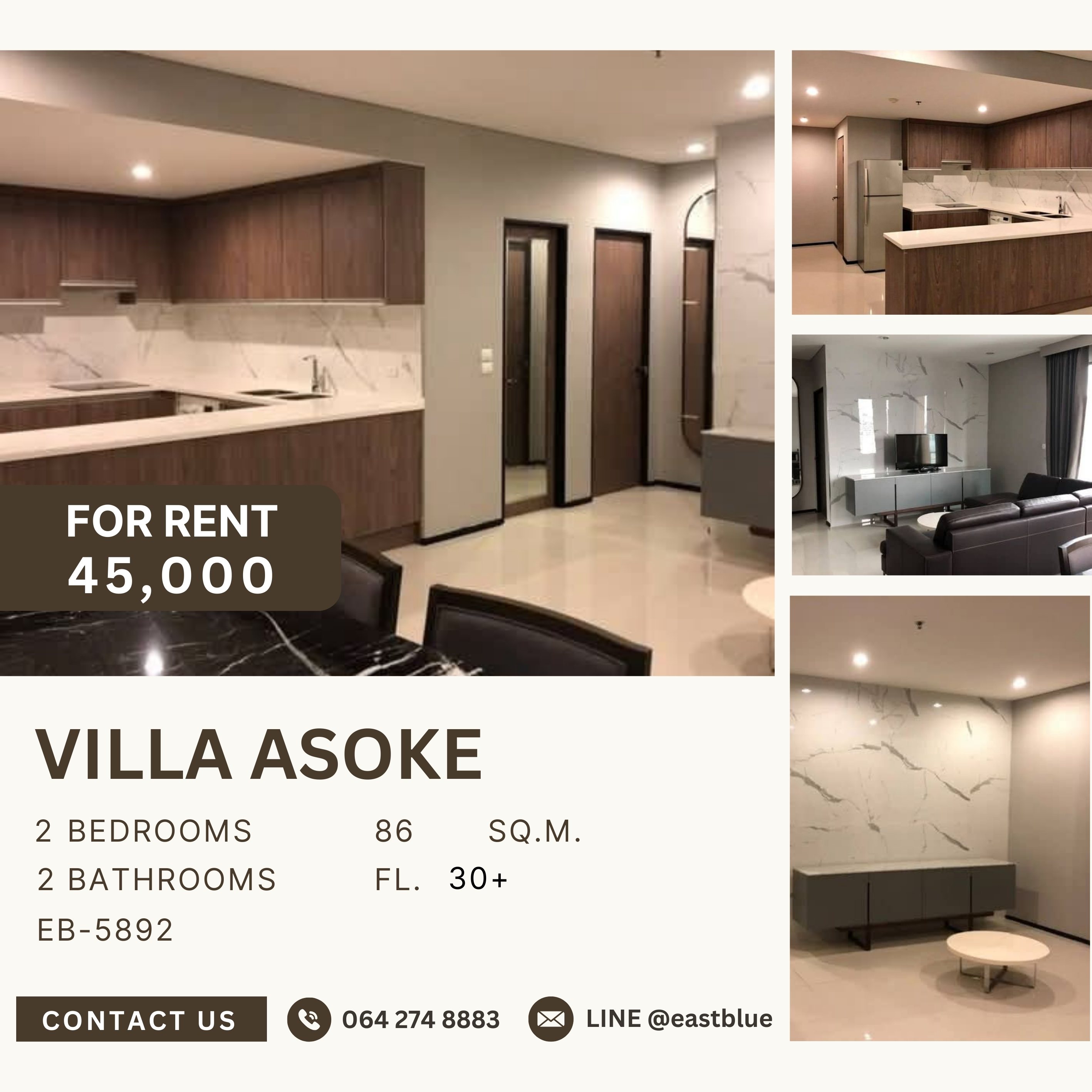 ให้เช่าคอนโดพระราม 9 เพชรบุรีตัดใหม่ RCA : Villa Asoke, 2 bed, 45000 per month