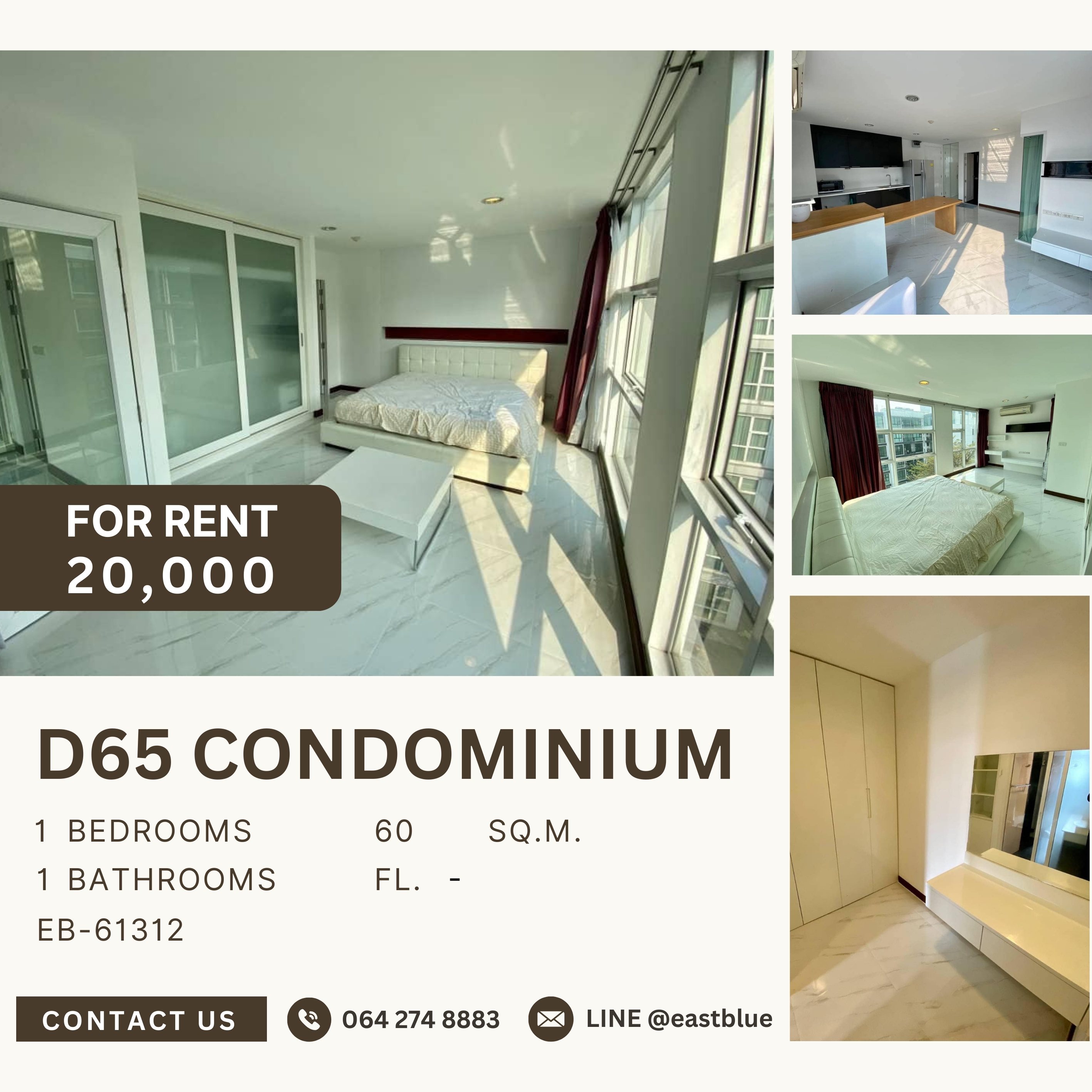 For RentCondoPathum Thani,Rangsit, Thammasat : D65 Condominium, 1 bed, 20000 per month