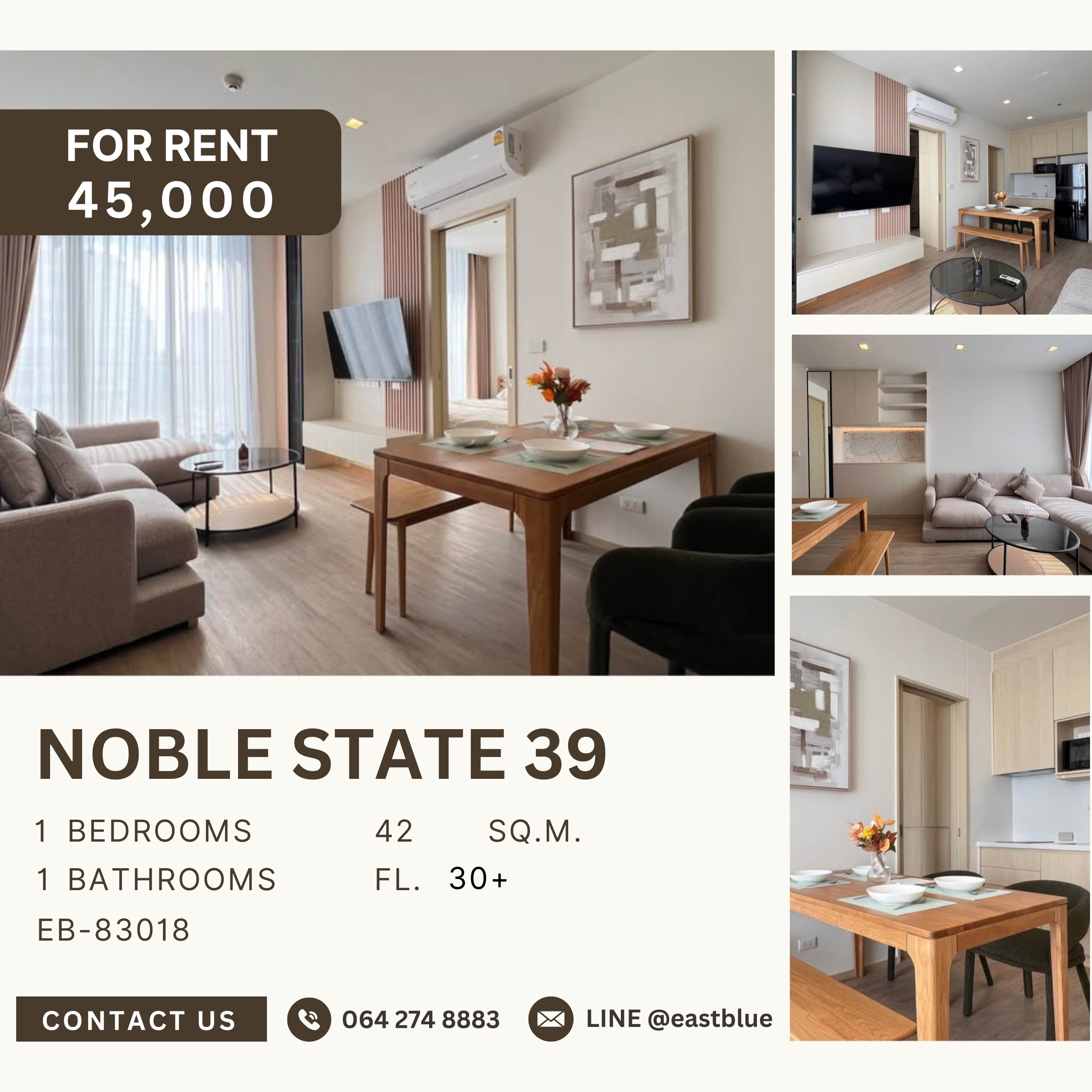 ให้เช่าคอนโดสุขุมวิท อโศก ทองหล่อ : NOBLE STATE 39, 1 bed, 45000 per month