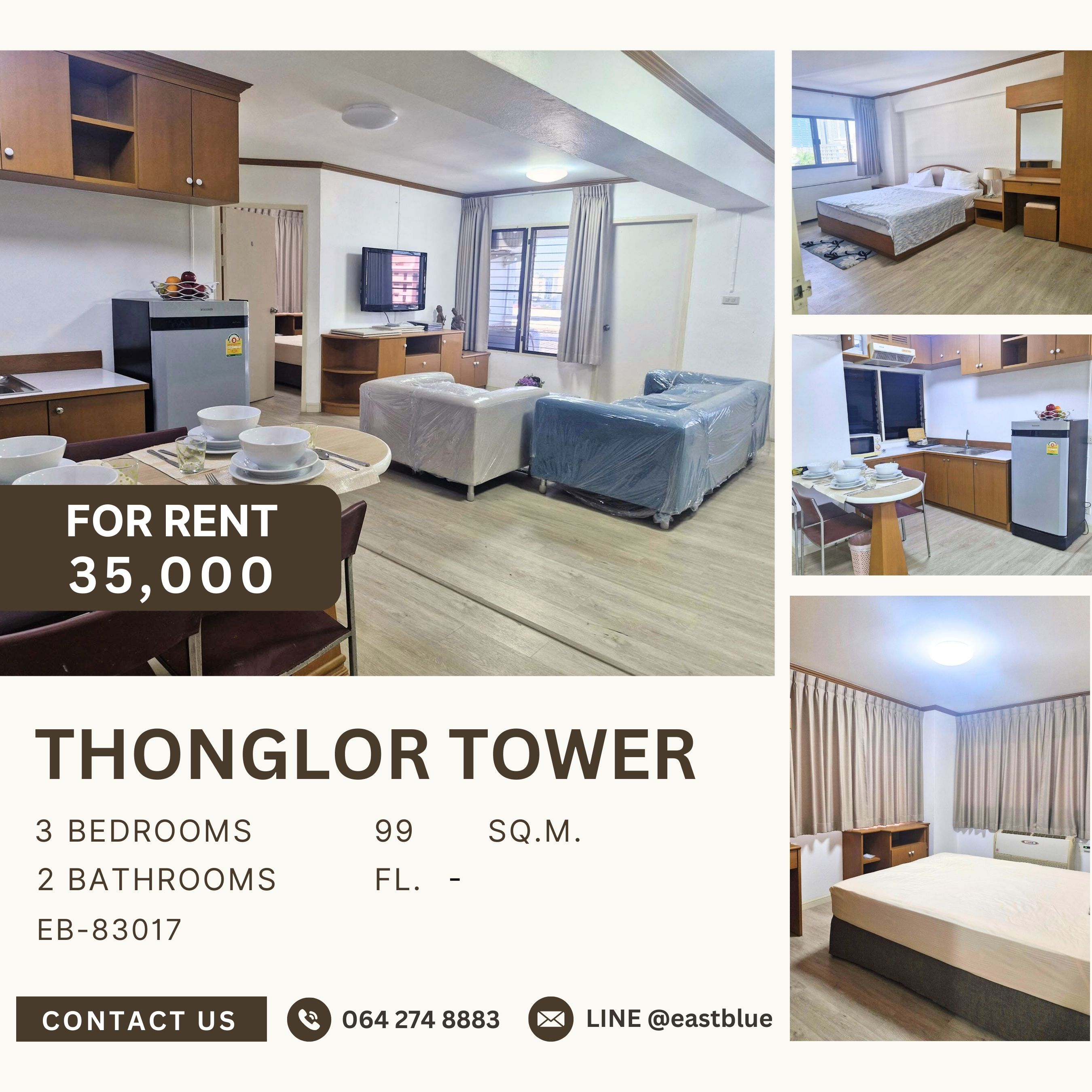 ให้เช่าคอนโดสุขุมวิท อโศก ทองหล่อ : Thonglor Tower, 3 bed, 35000 per month