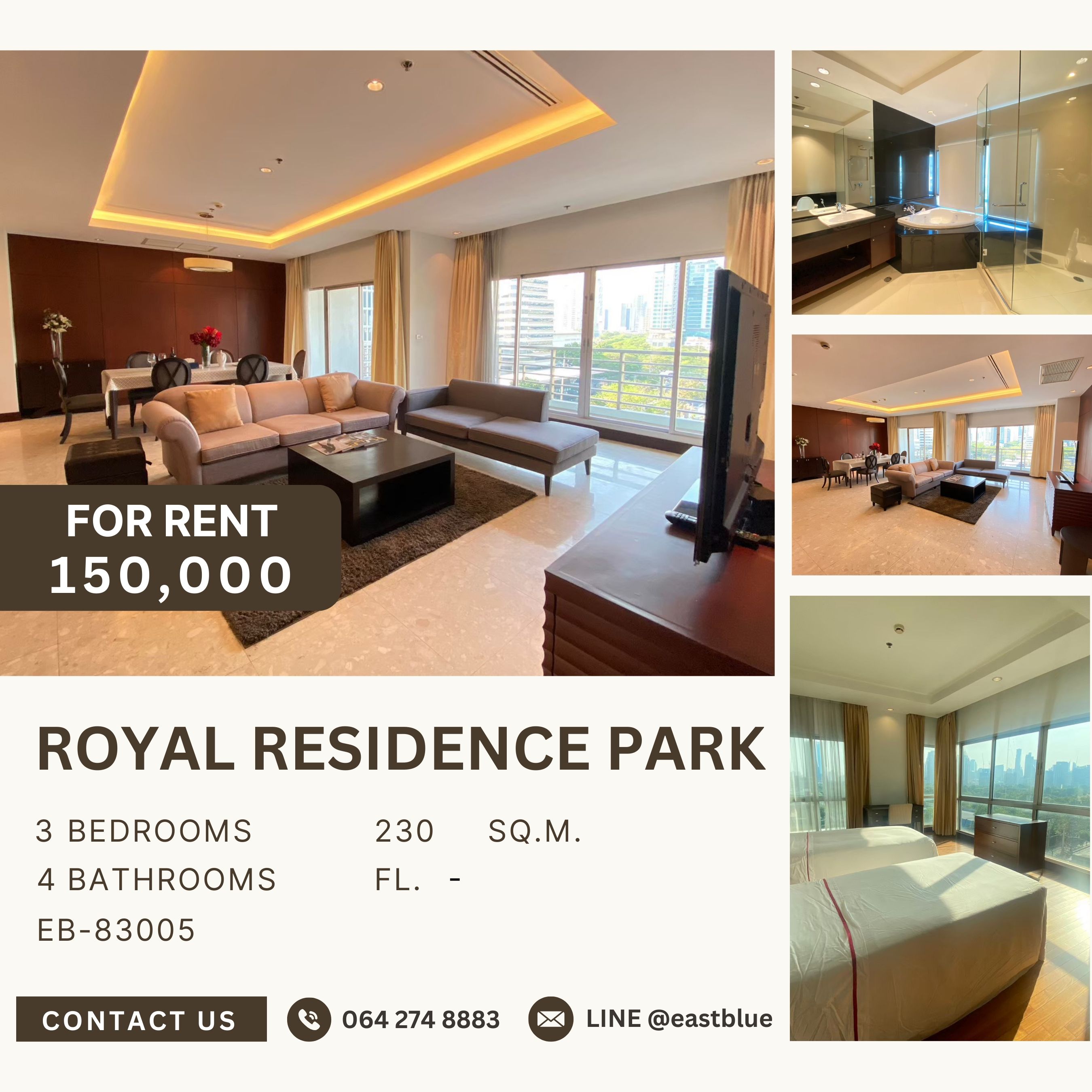 ให้เช่าคอนโดวิทยุ ชิดลม หลังสวน : Royal Residence Park, 3 bed, 150000 per month