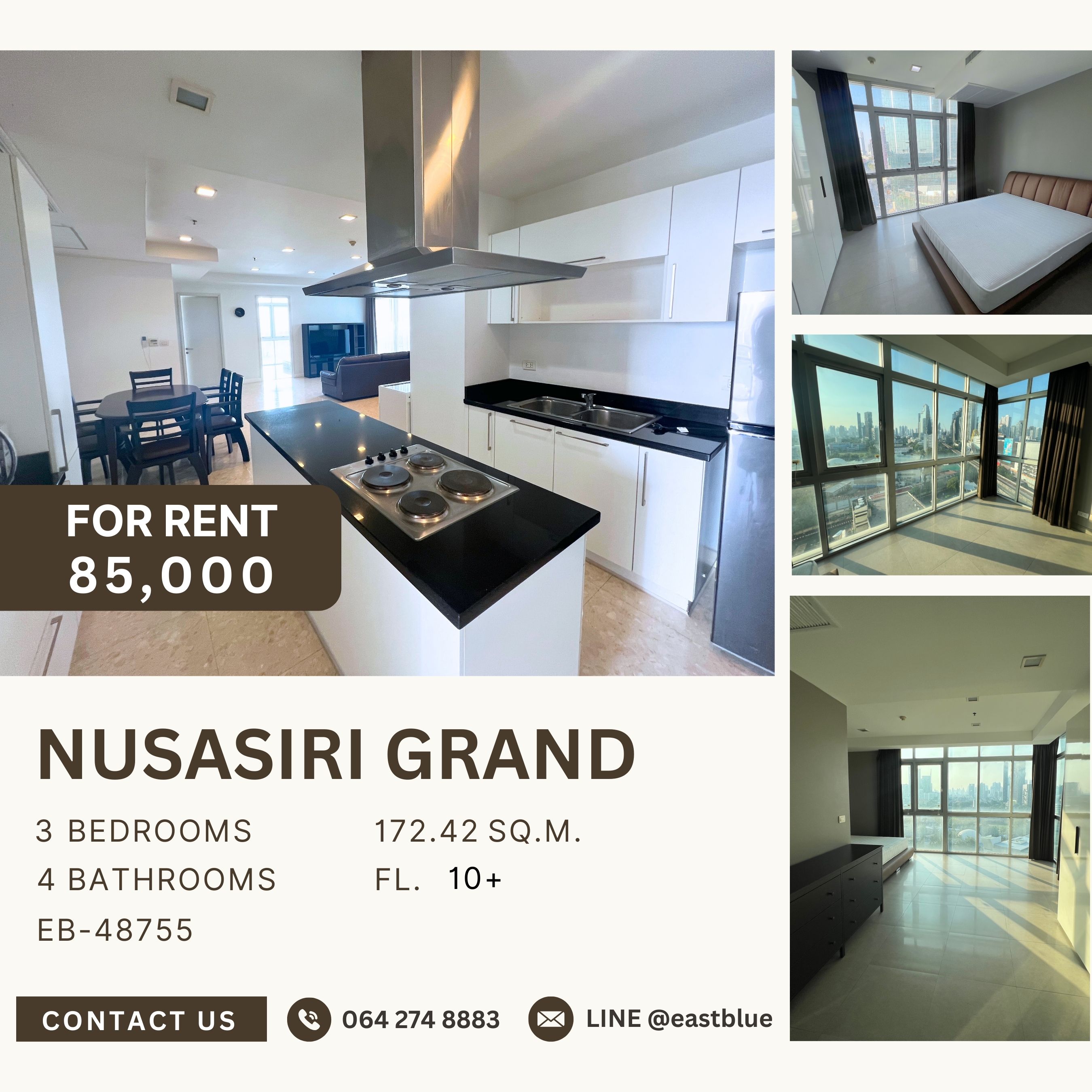 ให้เช่าคอนโดสุขุมวิท อโศก ทองหล่อ : Nusasiri Grand Condo, 3 bed, 85000 per month