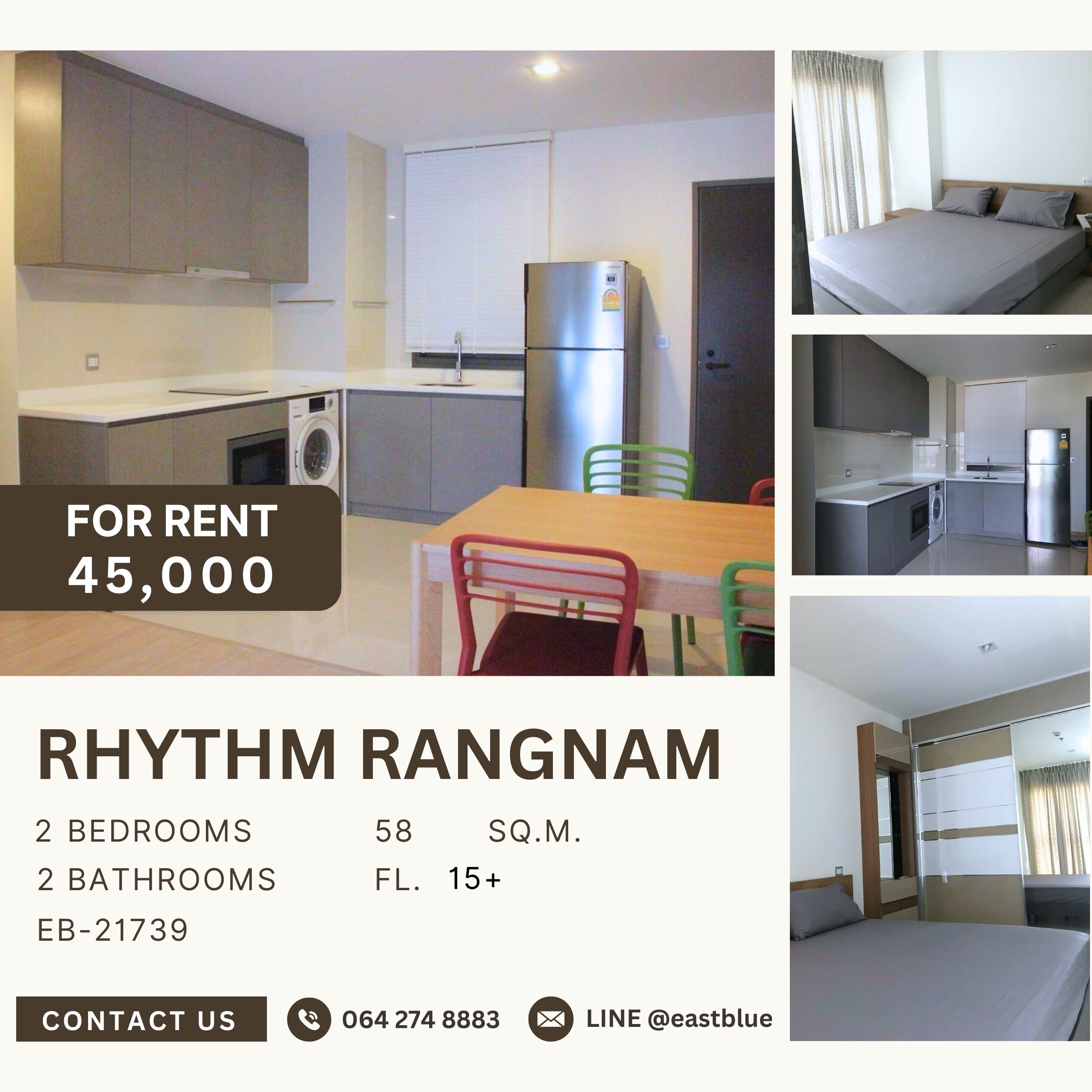 ให้เช่าคอนโดราชเทวี พญาไท : RHYTHM Rangnam, 2 bed, 45000 per month