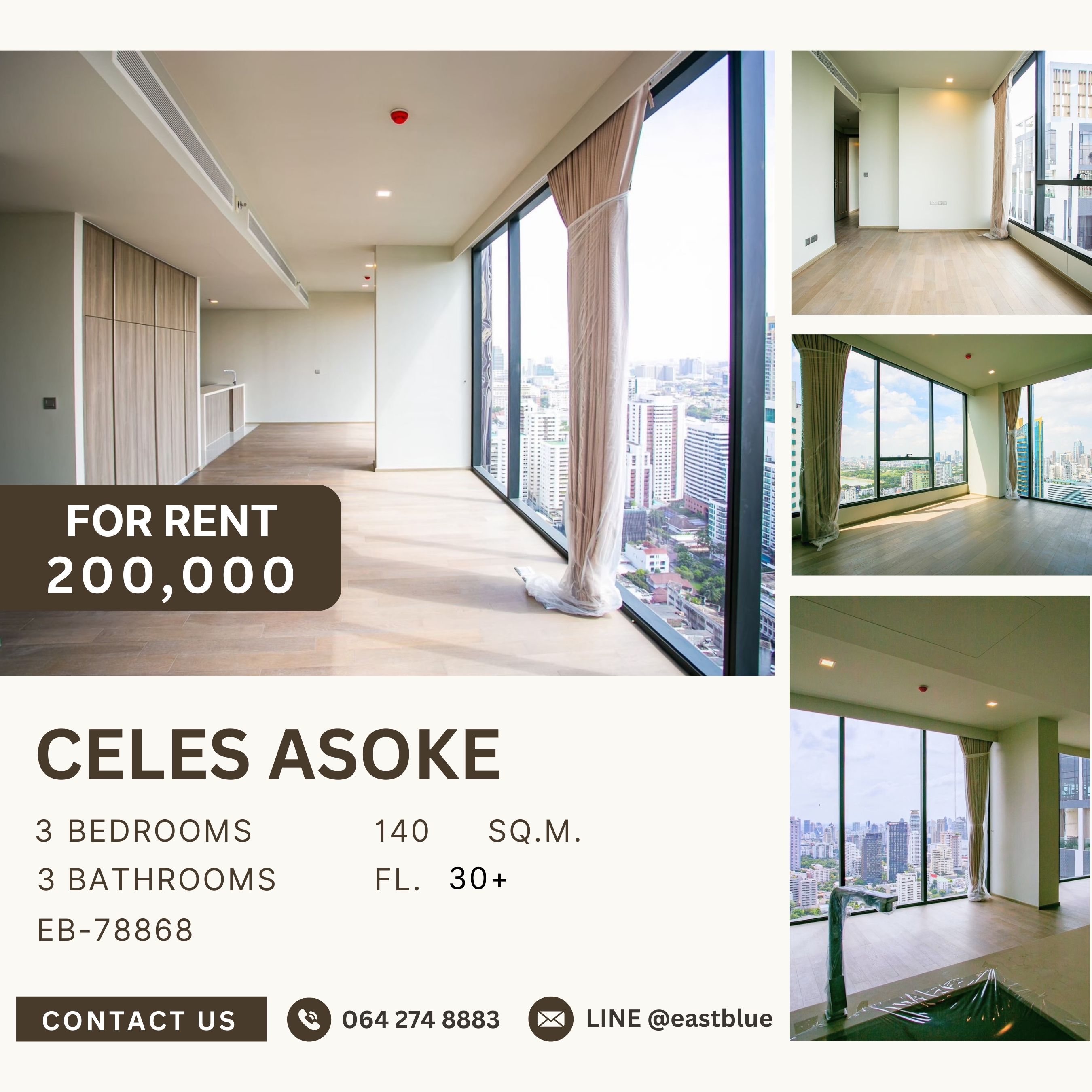 ให้เช่าคอนโดสุขุมวิท อโศก ทองหล่อ : Celes Asoke, 3 bed, 200000 per month