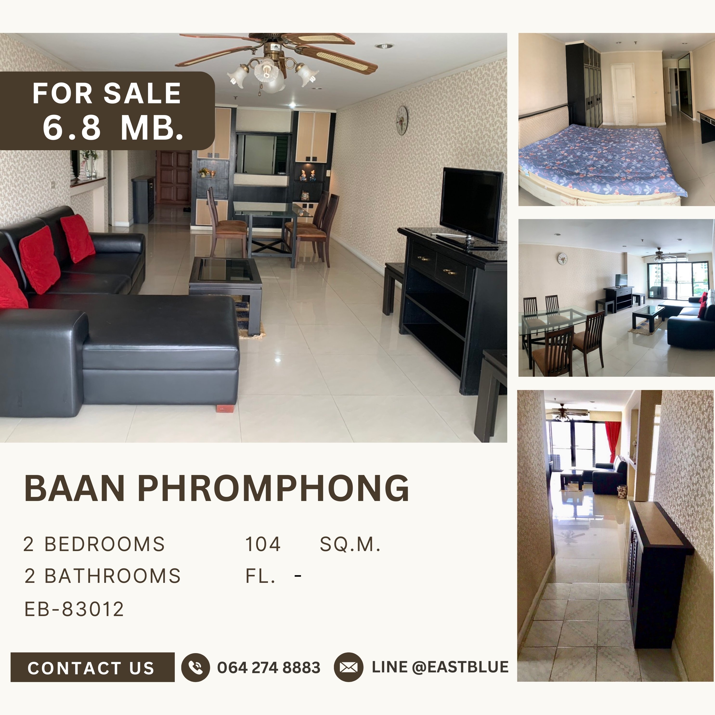 ขายคอนโดสุขุมวิท อโศก ทองหล่อ : Baan Phrom Phong 2 ห้องนอน 2 ห้องน้ำ ไซส์ใหญ่ 104 ตรม ในราคาแค่ 6.8 ล้านบาท ใกล้ EmQuartier