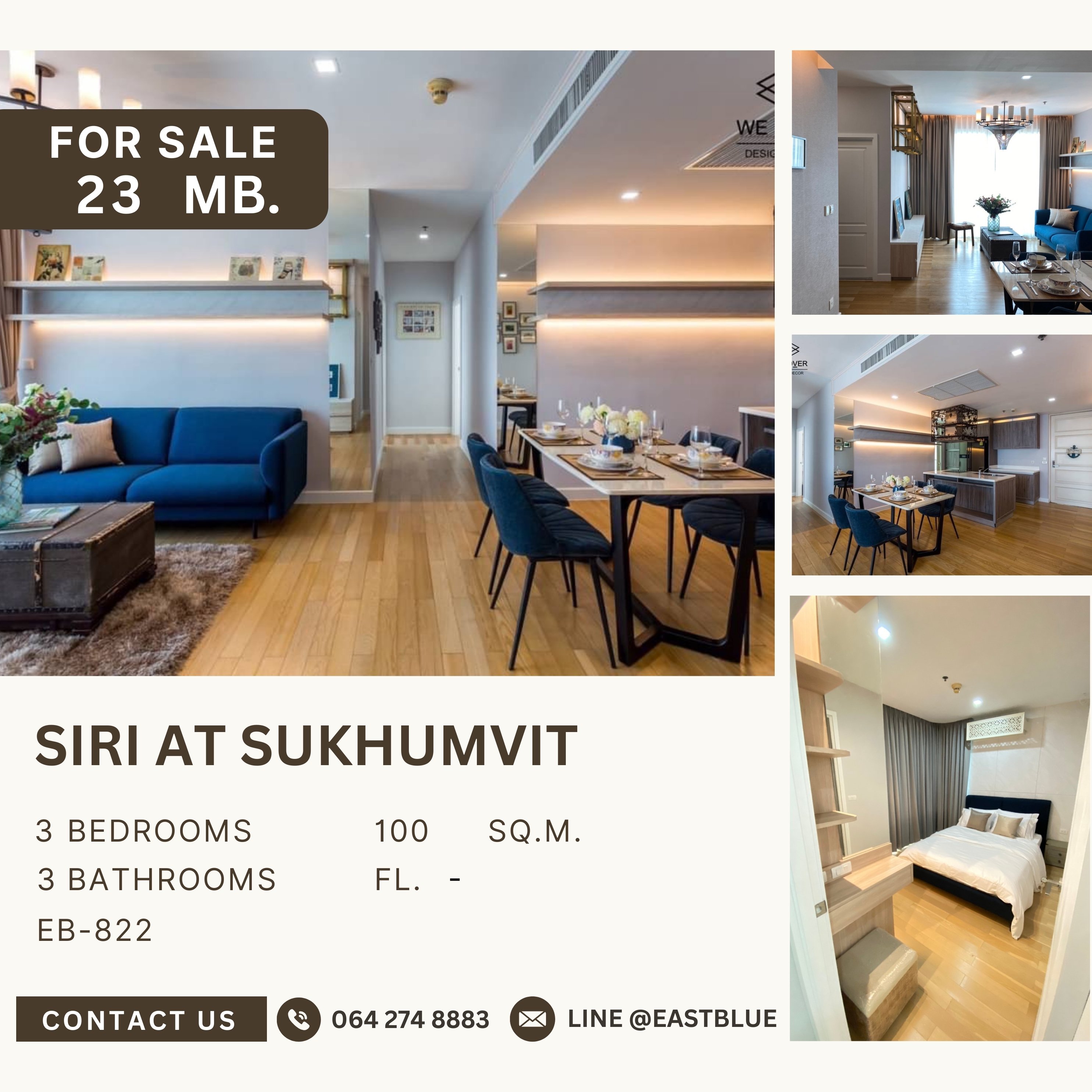 ขายคอนโดสุขุมวิท อโศก ทองหล่อ : ขาย Siri at Sukhumvit 3 ห้องนอน 100 ตรม 23 ลบ .