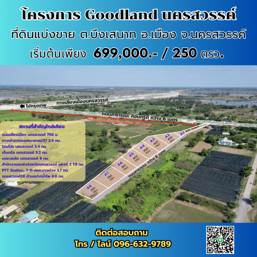 For SaleLandNakhon Sawan : Land for sale in Mueang District, Nakhon Sawan Province, beautiful plot (size 250 sq m. - 1 rai), near Central Nakhon Sawan, good location