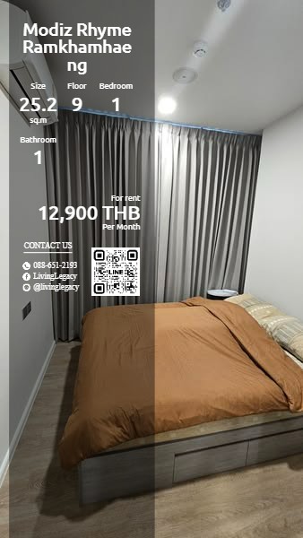 For RentCondoRamkhamhaeng, Hua Mak : SP2TKJ Condo for rent Modiz Rhyme Ramkhamhaeng 25.2 sq m. 9th floor line id : @livinglegacy