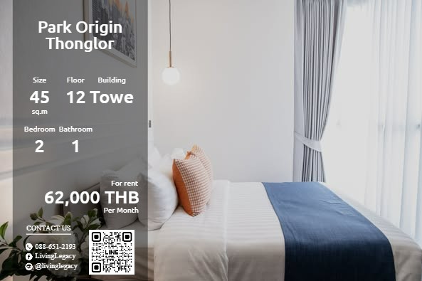 For RentCondoSukhumvit, Asoke, Thonglor : SP6J2G Condo for rent Park Origin Thonglor 45 sq m. 12th floor, Tower A building line id : @livinglegacy