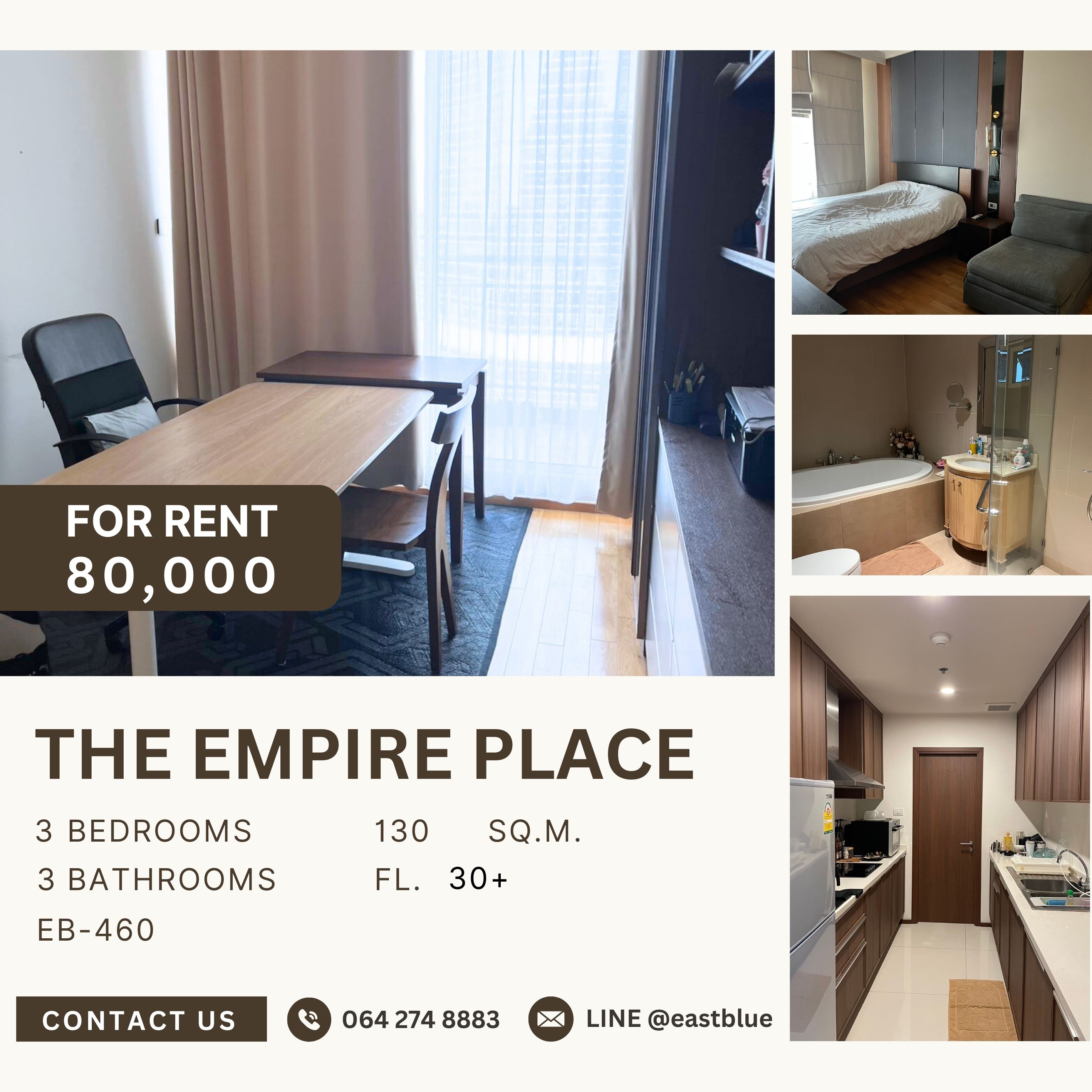 ให้เช่าคอนโดสาทร นราธิวาส : The Empire Place, 3 bed, 80000 per month