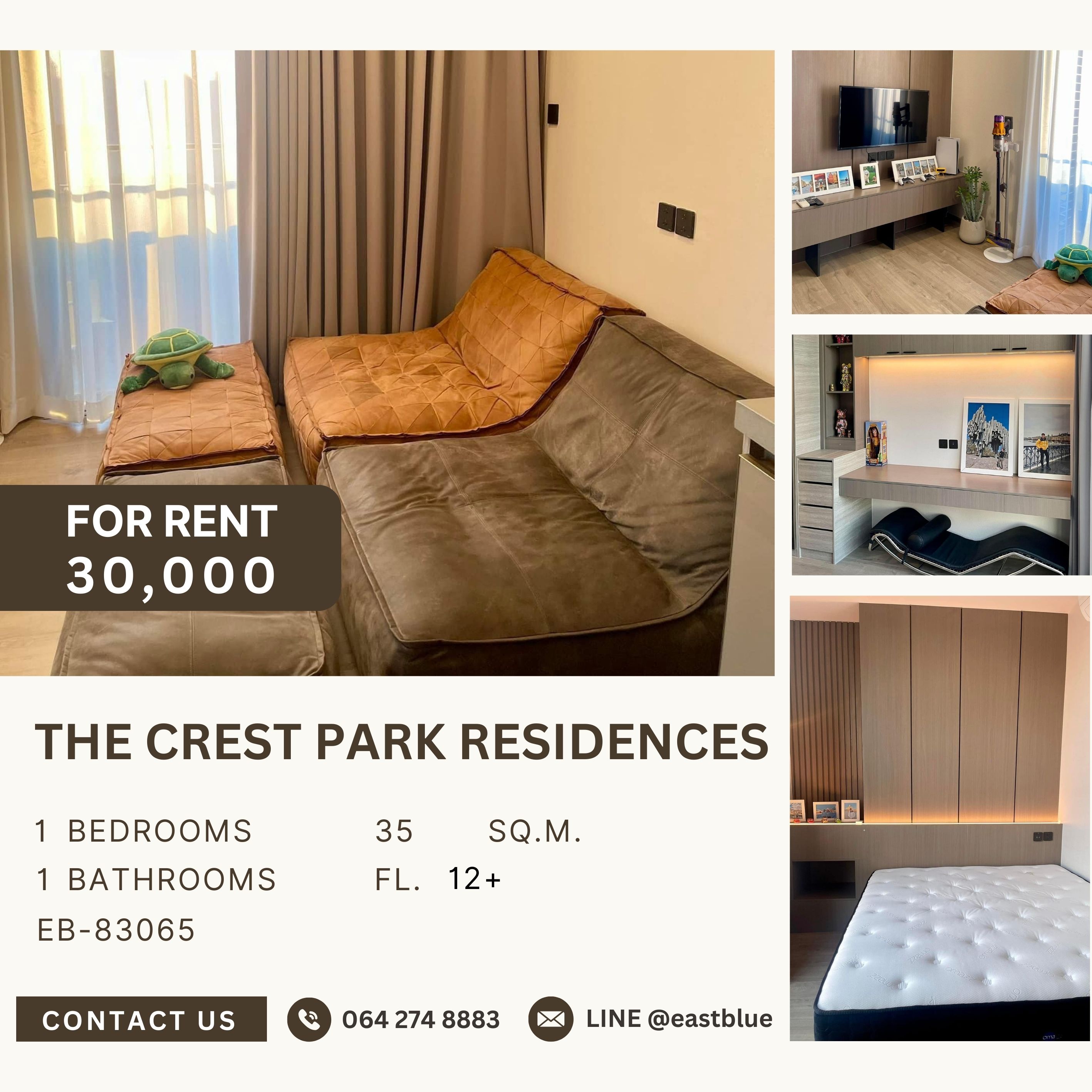 ให้เช่าคอนโดลาดพร้าว เซ็นทรัลลาดพร้าว : The Crest Park Residences, 1 bed, 30000 per month