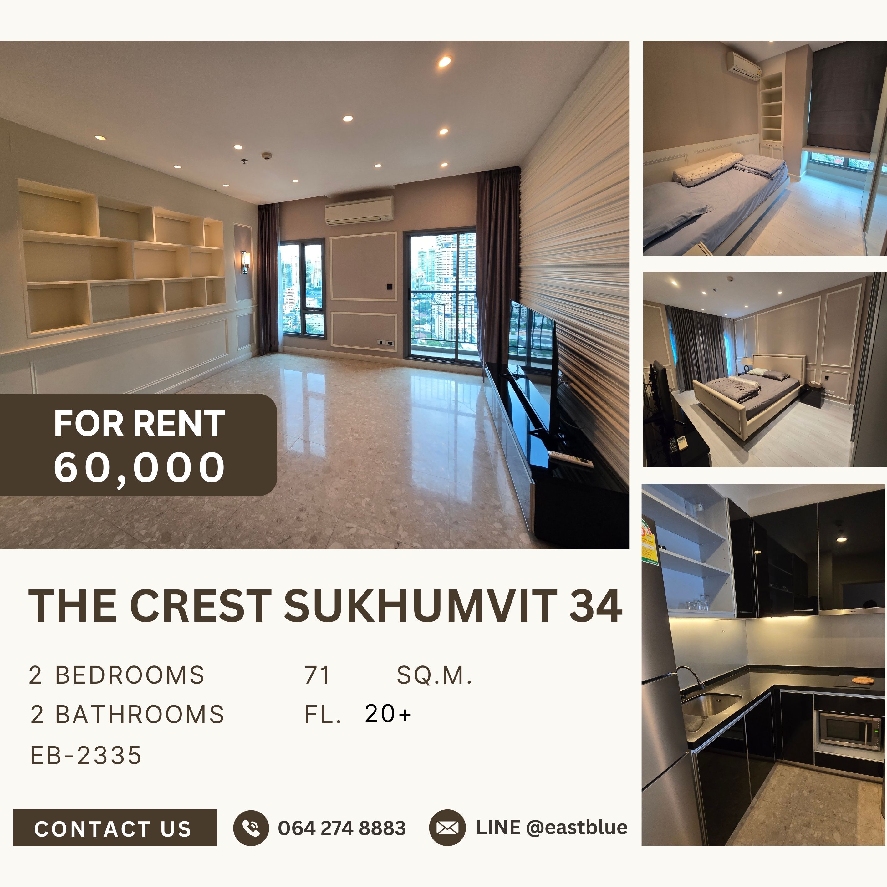 For RentCondoSukhumvit, Asoke, Thonglor : The Crest Sukhumvit 34, 2 bed, 60000 per month