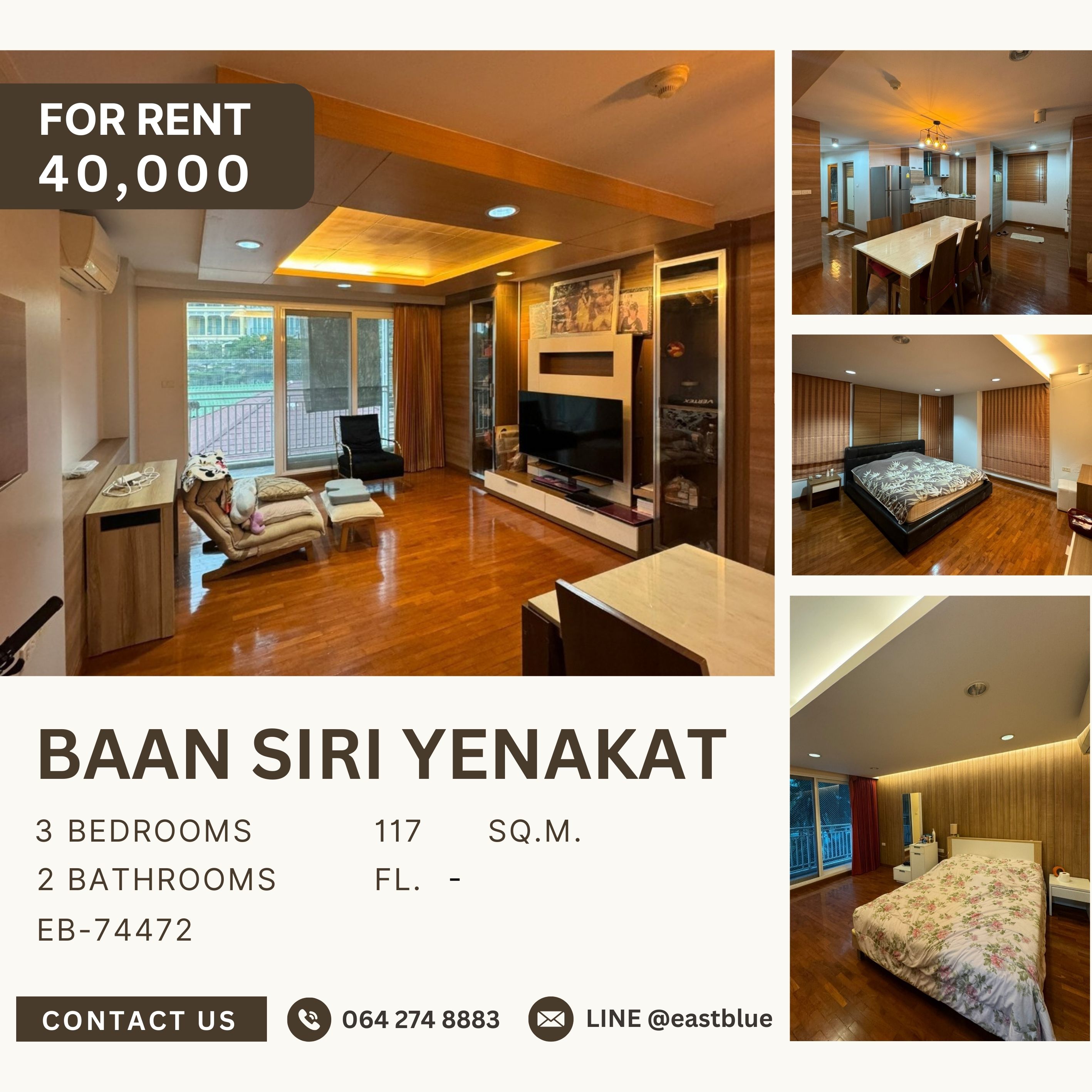 ให้เช่าคอนโดสาทร นราธิวาส : Baan Siri Yenakat, 3 bed, 40000 per month