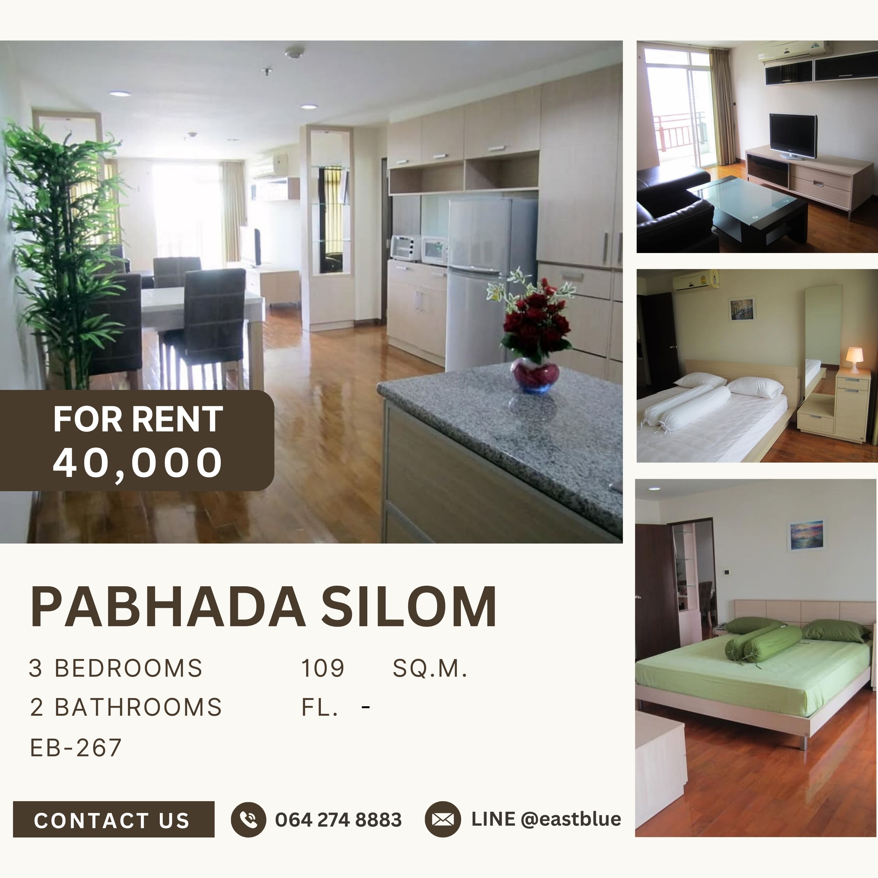 ให้เช่าคอนโดสีลม ศาลาแดง บางรัก : Pabhada Silom, 3 bed, 40000 per month