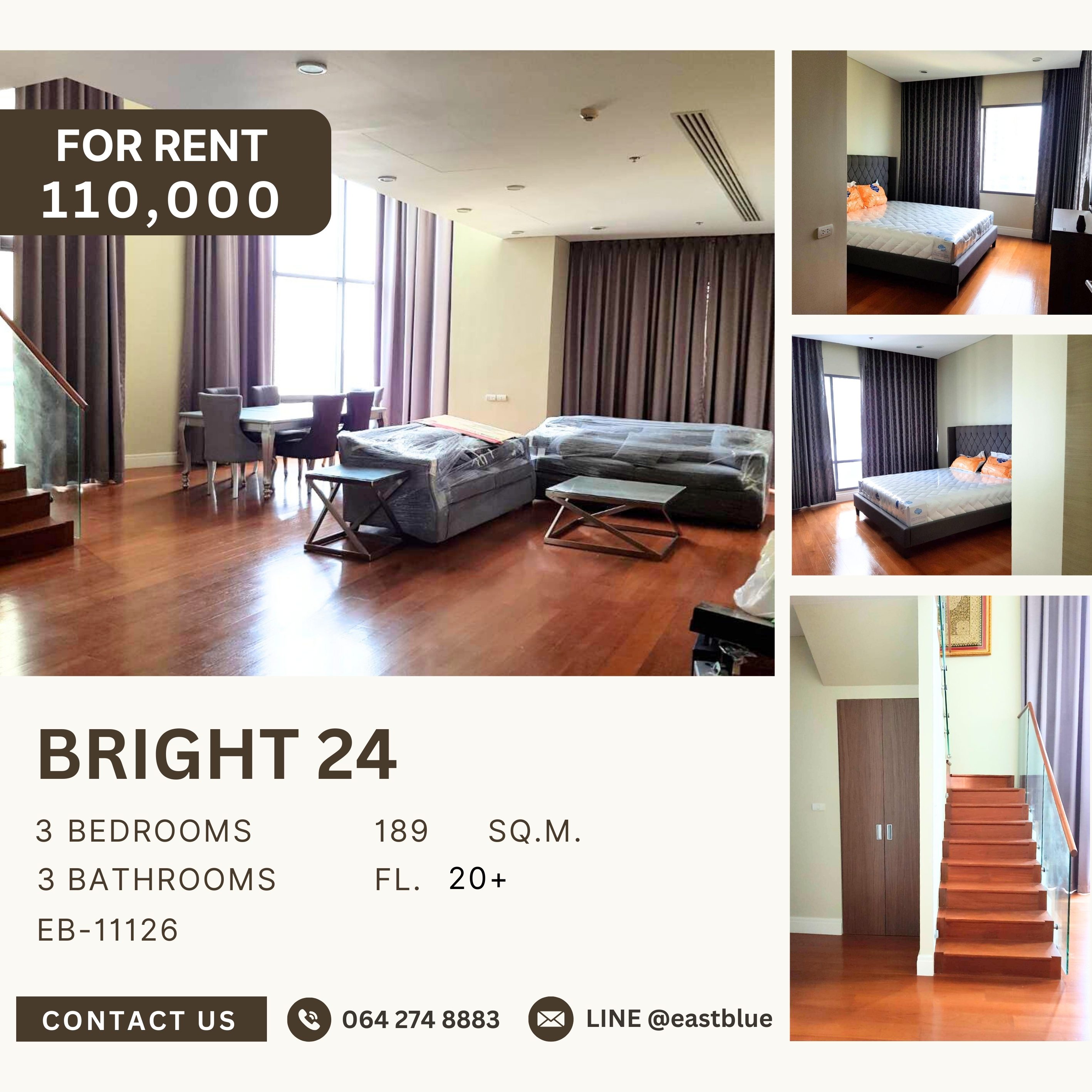 For RentCondoSukhumvit, Asoke, Thonglor : Bright 24, 3 bed, 110000 per month