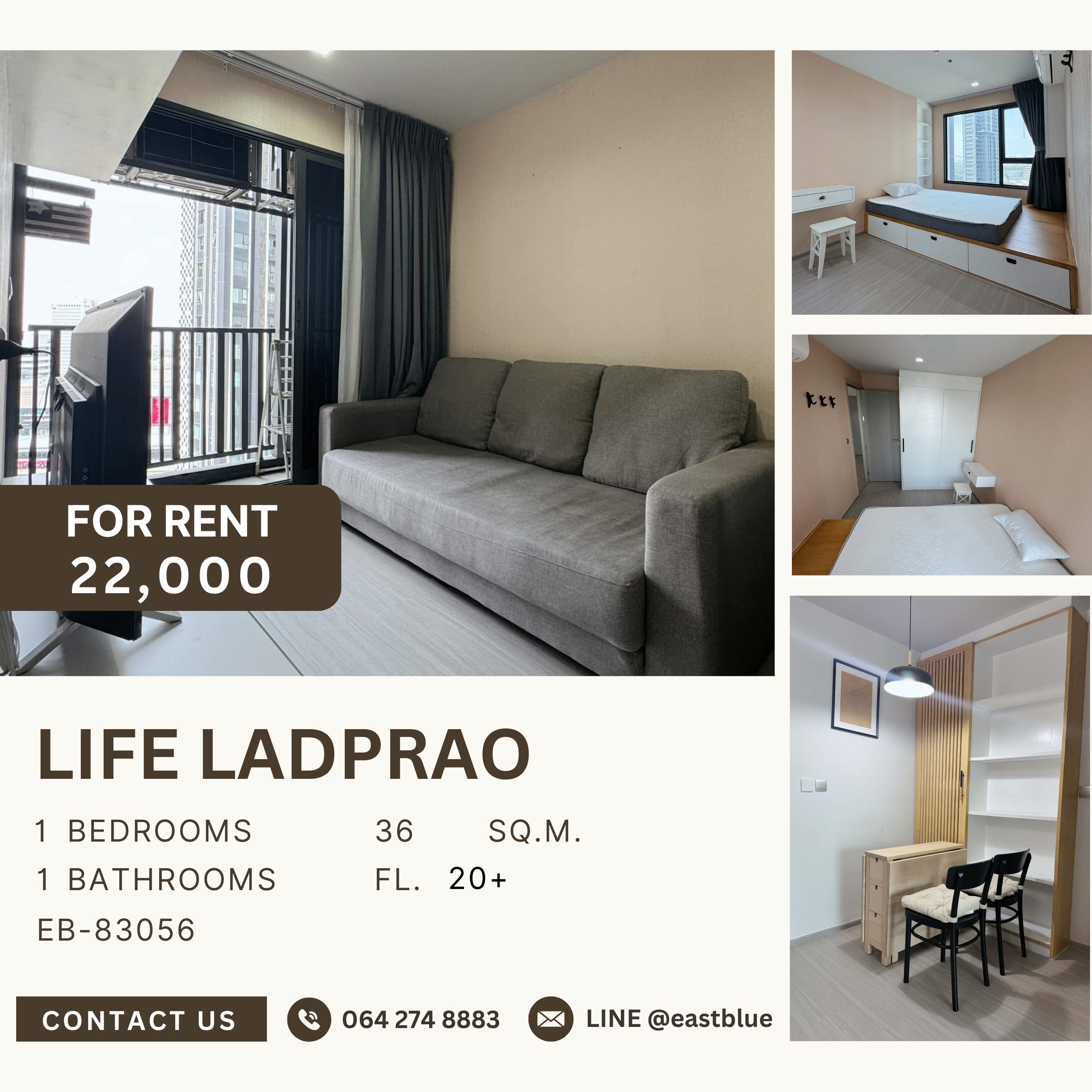 For RentCondoLadprao, Central Ladprao : Life Ladprao, 1 bed, 22000 per month