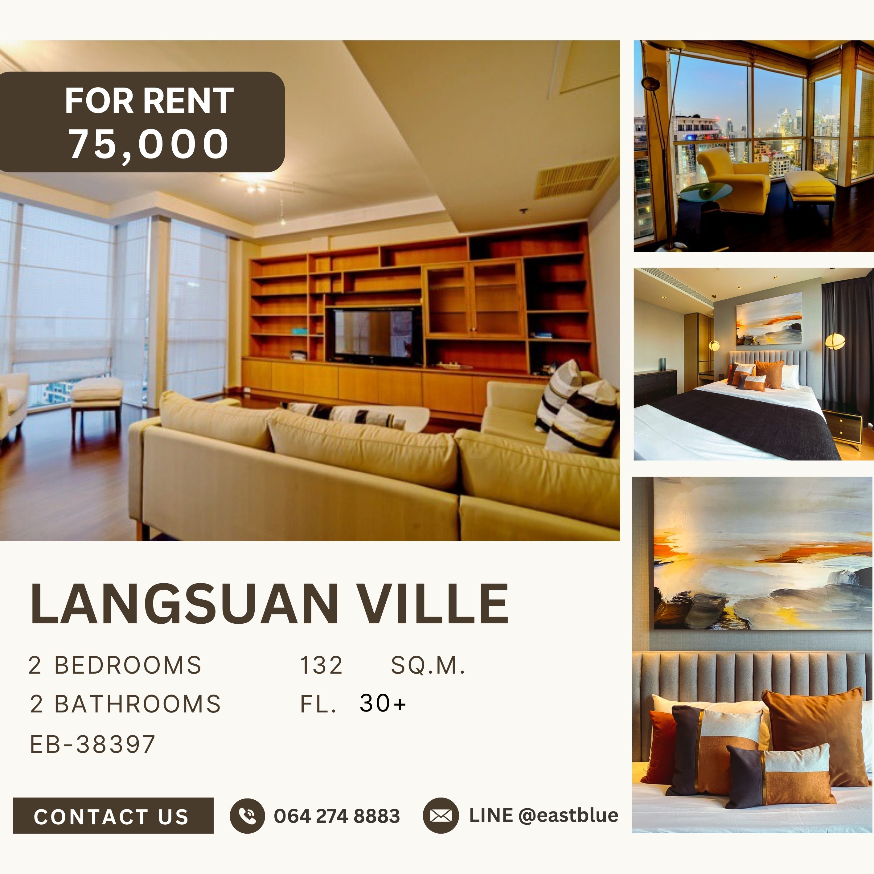 For RentCondoWitthayu, Chidlom, Langsuan, Ploenchit : Langsuan Ville, 2 bed, 75000 per month