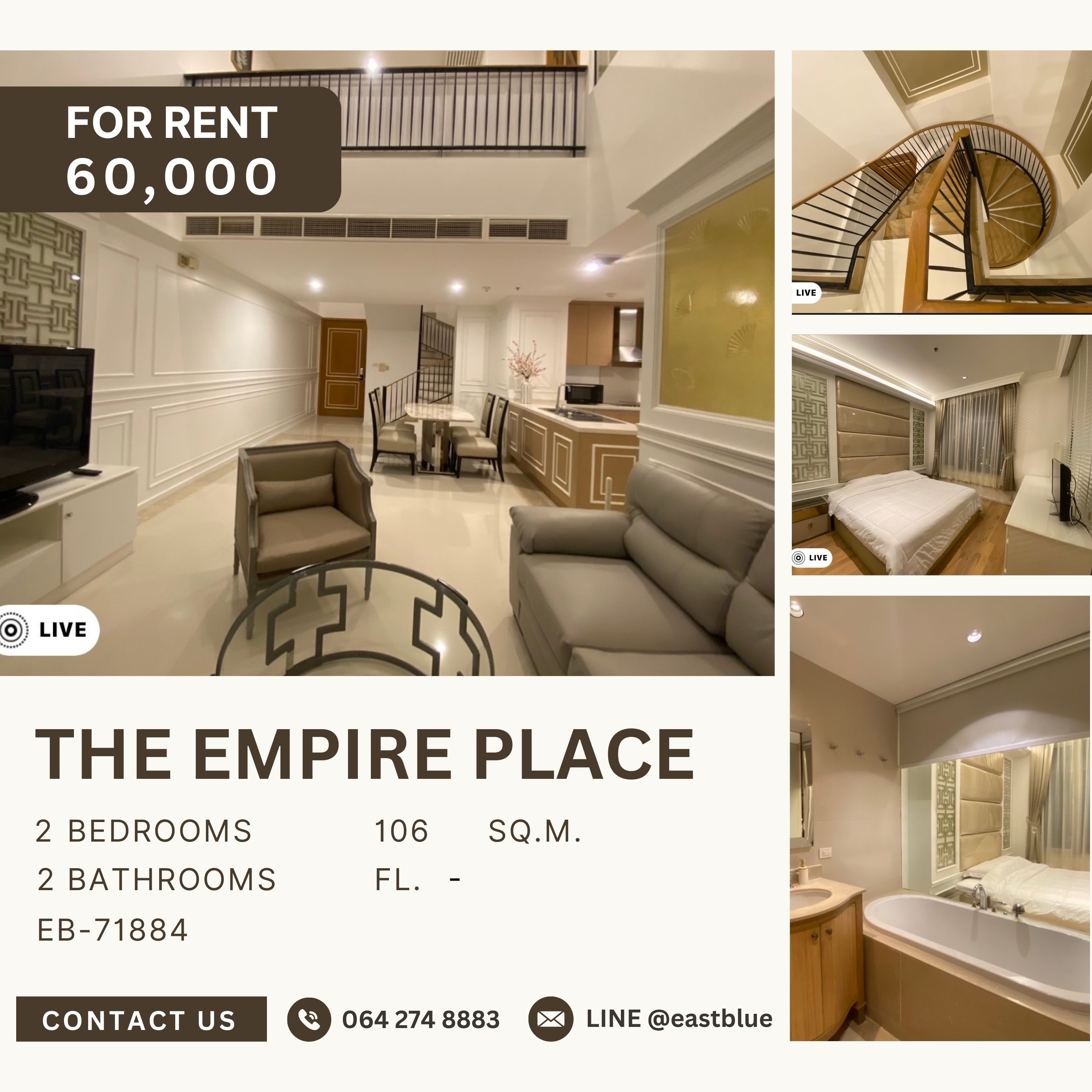 ให้เช่าคอนโดสาทร นราธิวาส : The Empire Place, 2 bed, 60000 per month