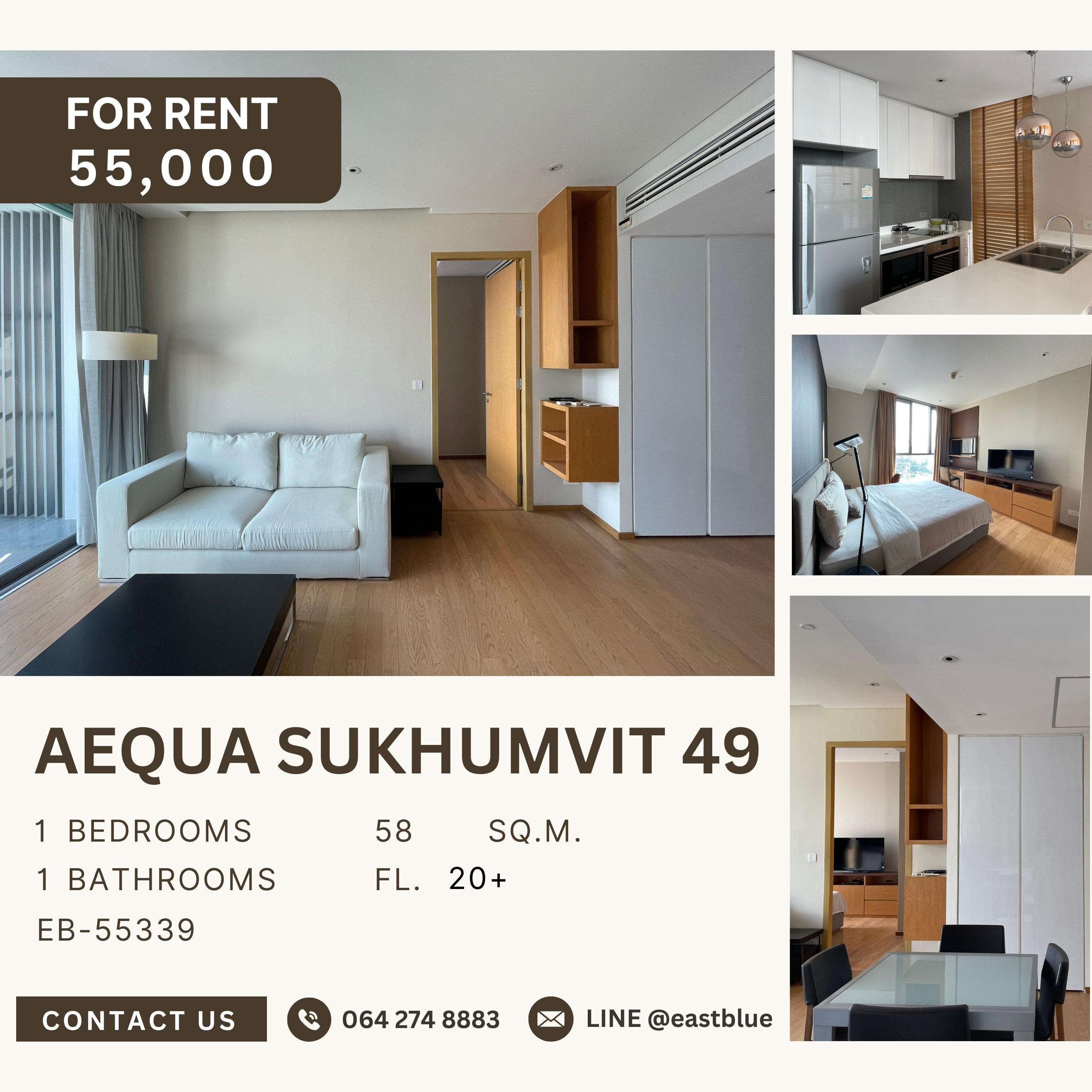 For RentCondoSukhumvit, Asoke, Thonglor : Aequa Sukhumvit 49, 1 bed, 55000 per month