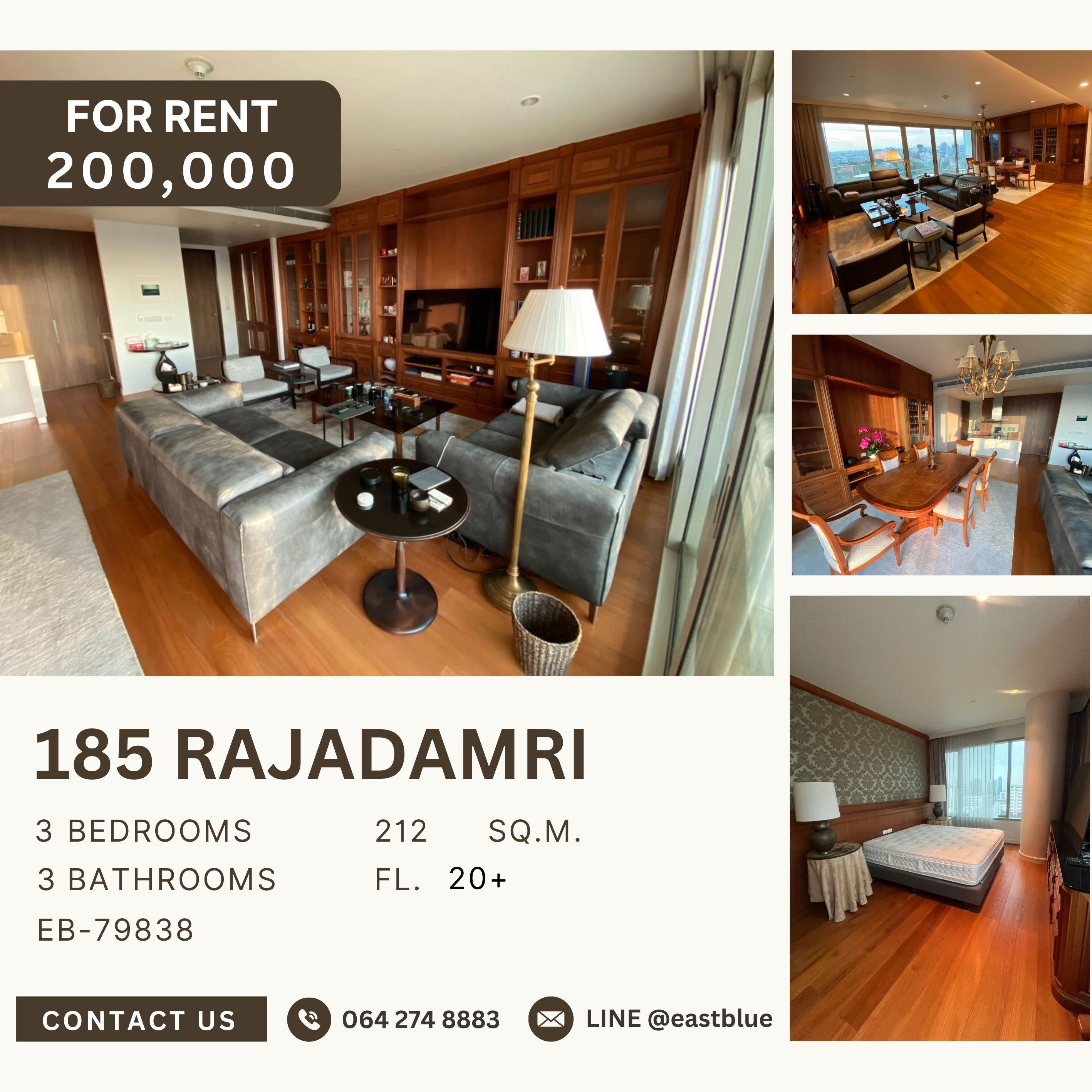 For RentCondoWitthayu, Chidlom, Langsuan, Ploenchit : 185 Rajadamri, 3 bed, 200000 per month