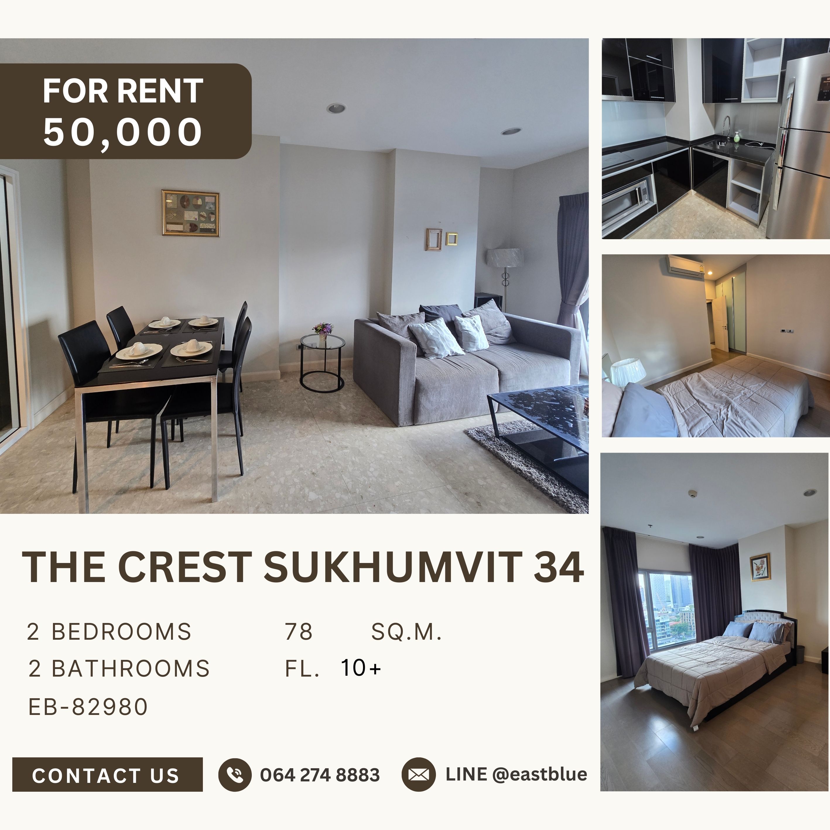 For RentCondoSukhumvit, Asoke, Thonglor : The Crest Sukhumvit 34, 2 bed, 50000 per month