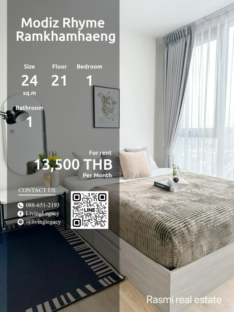 For RentCondoRamkhamhaeng, Hua Mak : SPKI99 Condo for rent Modiz Rhyme Ramkhamhaeng 24 sq m. 21st floor line id : @livinglegacy