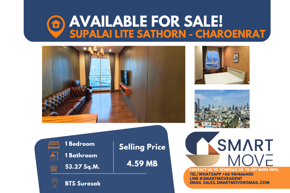 For SaleCondoSathorn, Narathiwat : 🔥FOR SALE !! 🔥Code C20241200049..........Supalai Lite Sathorn - Charoenrat, 1 bedroom, 1 bathroom, high floor 18+, furnished, Special Deal!!📢📢