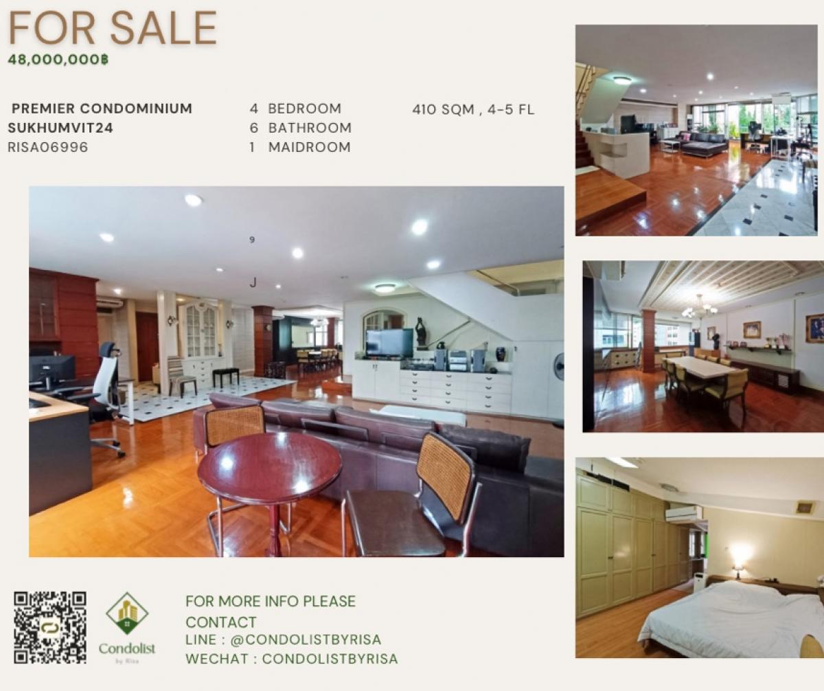 For SaleCondoSukhumvit, Asoke, Thonglor : Risa06996 Condo for sale, Premier Condominium, Sukhumvit 24, 410 sq m, 4th-5th floor, 4 bedrooms, 5 bathrooms, only 48 million