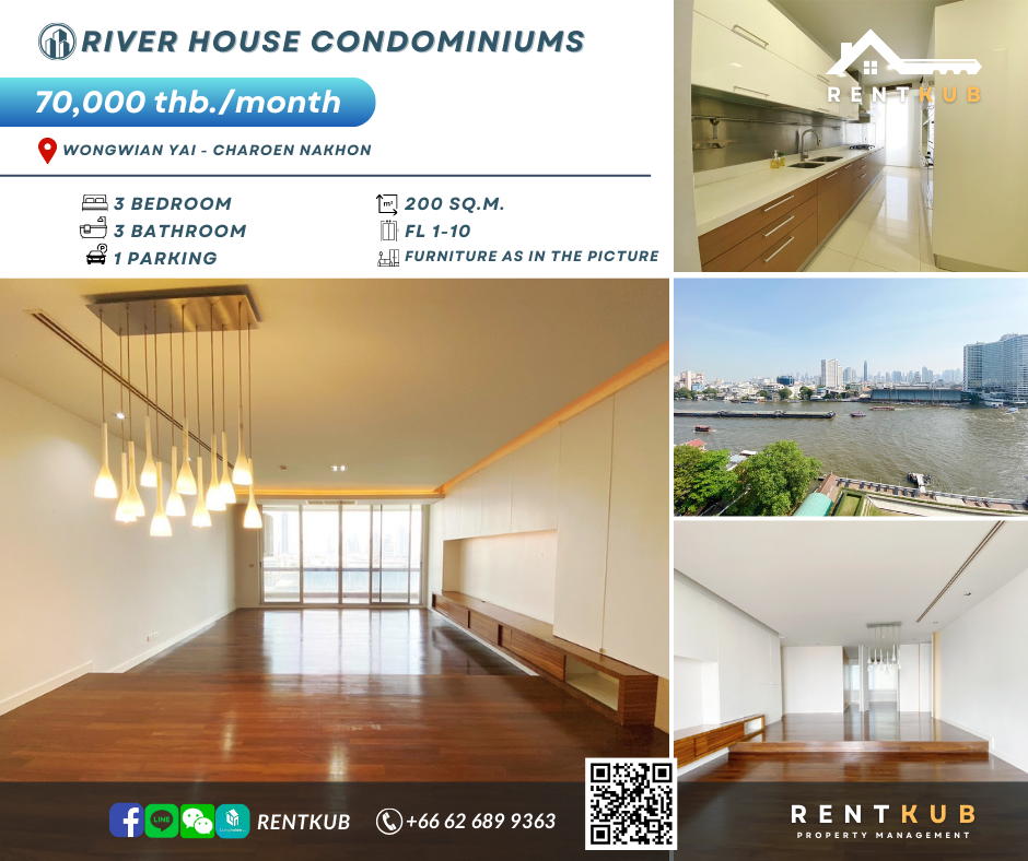 For RentCondoWongwianyai, Charoennakor : 🏢 NC00782 For Rent Condo |  River House Condominium, 3 Beds, 3 Bads, 200 Sq.m. | 70,000 thb |  River view