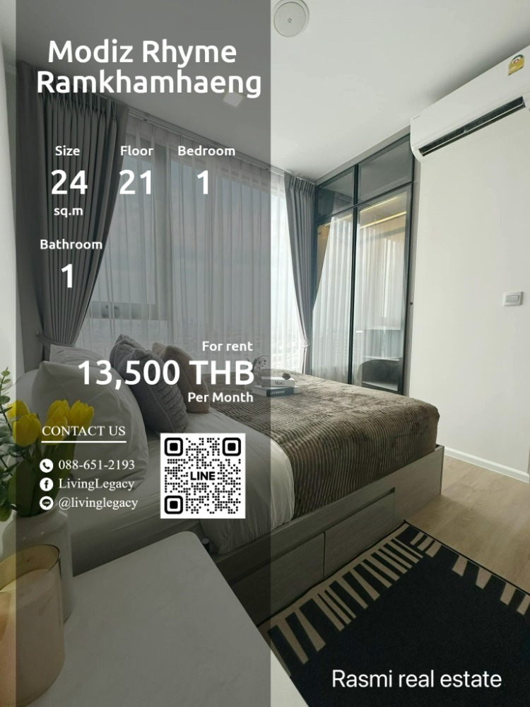 For RentCondoRamkhamhaeng, Hua Mak : SPPHS6 Condo for rent Modiz Rhyme Ramkhamhaeng 24 sq m. 21st floor line id : @livinglegacy