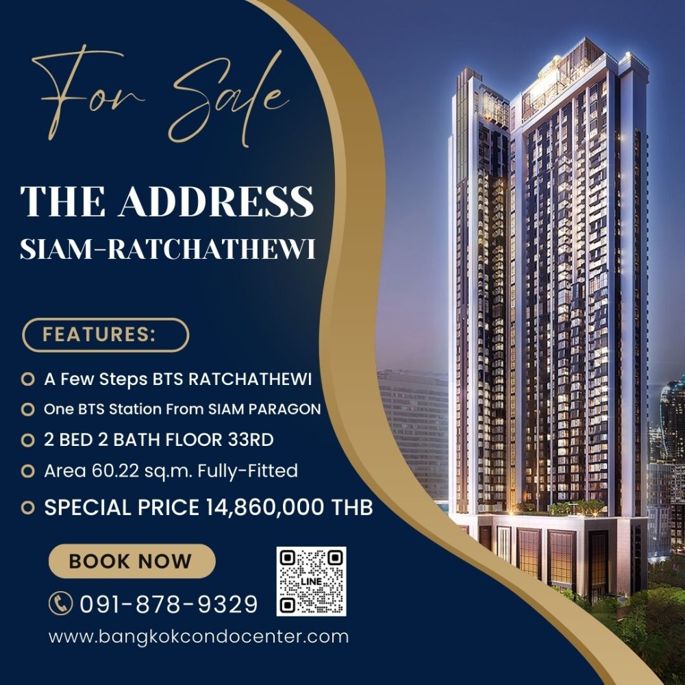 For SaleCondoRatchathewi,Phayathai : 🎈For sale: 2 bedrooms, 2 bathrooms, area 60.22 square meters, Fully-Fitted, 33rd floor