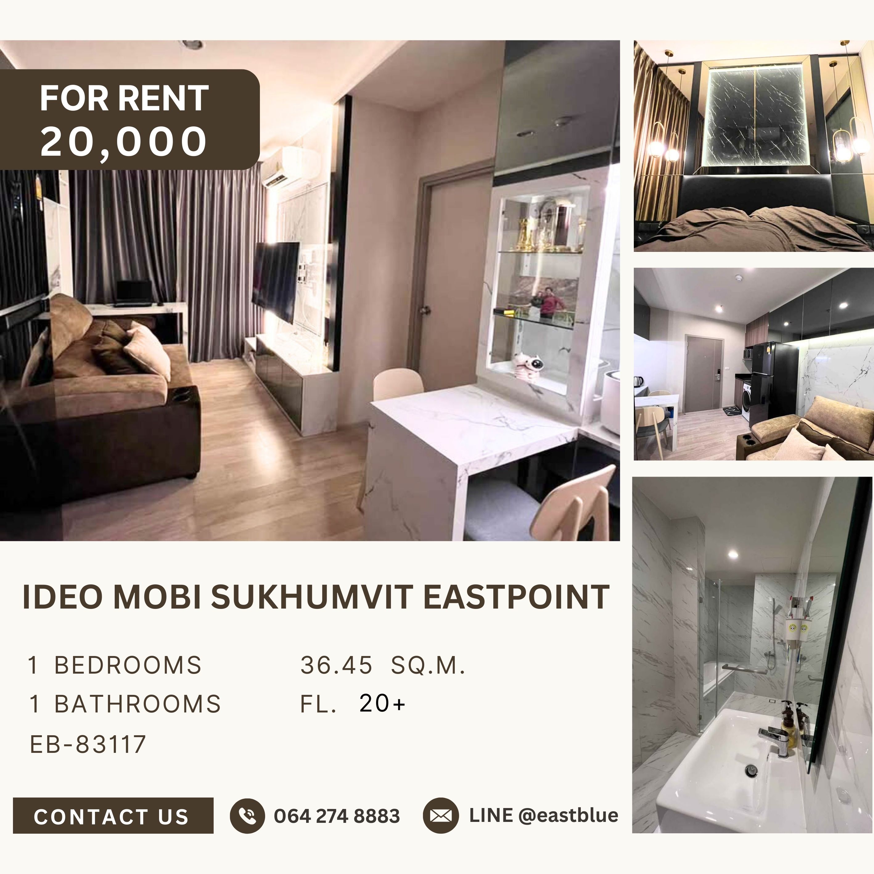 ให้เช่าคอนโดบางนา แบริ่ง ลาซาล : Ideo Mobi Sukhumvit Eastpoint, 1 bed, 20000 per month