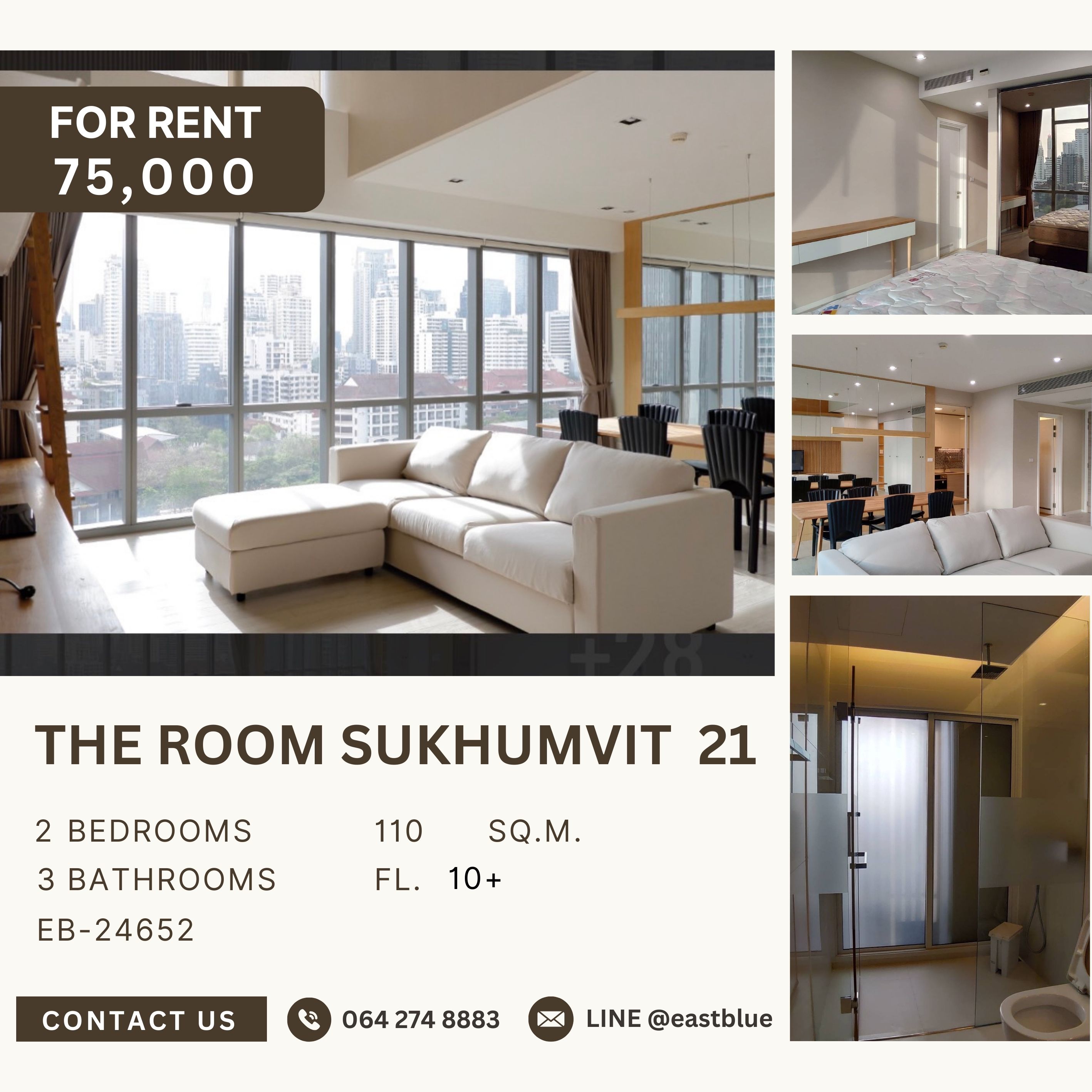 ให้เช่าคอนโดสุขุมวิท อโศก ทองหล่อ : The Room Sukhumvit 21, 2 bed, 75000 per month