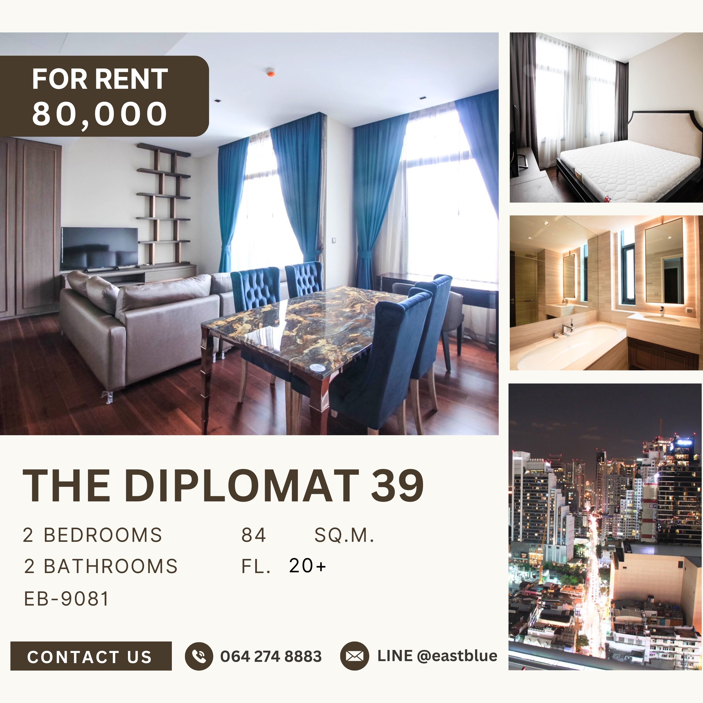 ให้เช่าคอนโดสุขุมวิท อโศก ทองหล่อ : The Diplomat 39, 2 bed, 80000 per month