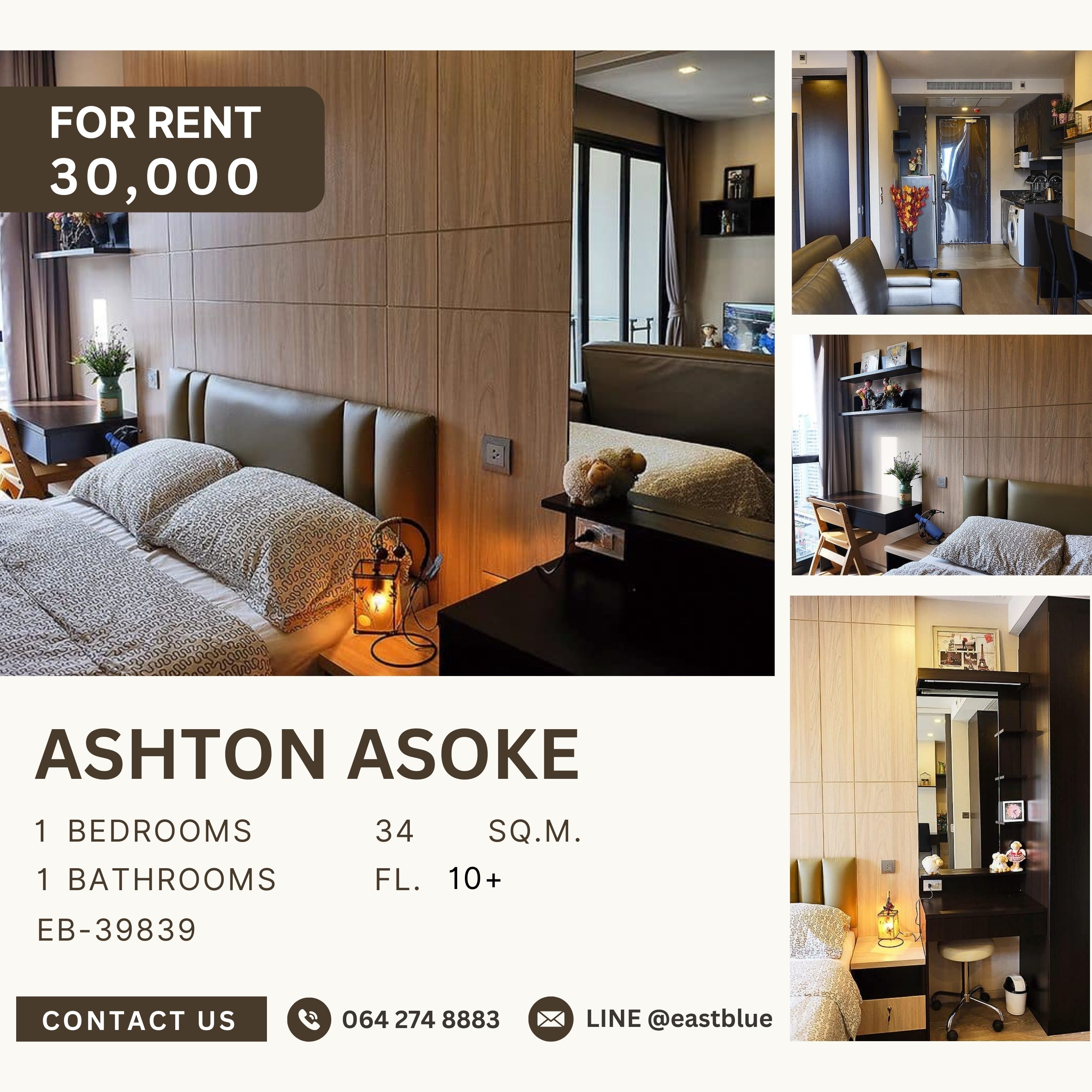 ให้เช่าคอนโดสุขุมวิท อโศก ทองหล่อ : Ashton Asoke, 1 bed, 30000 per month