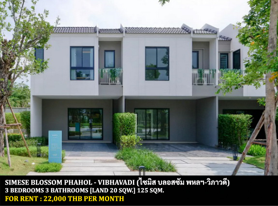 For RentTownhousePathum Thani,Rangsit, Thammasat : FOR RENT SIAMESE BLOSSOM PHAHOL - VIBHAVADI / 3 bedrooms 3 bathrooms / 20 Sqw. 125 Sqm. **22,000** CLOSE TO FUTURE PARK RANGSIT