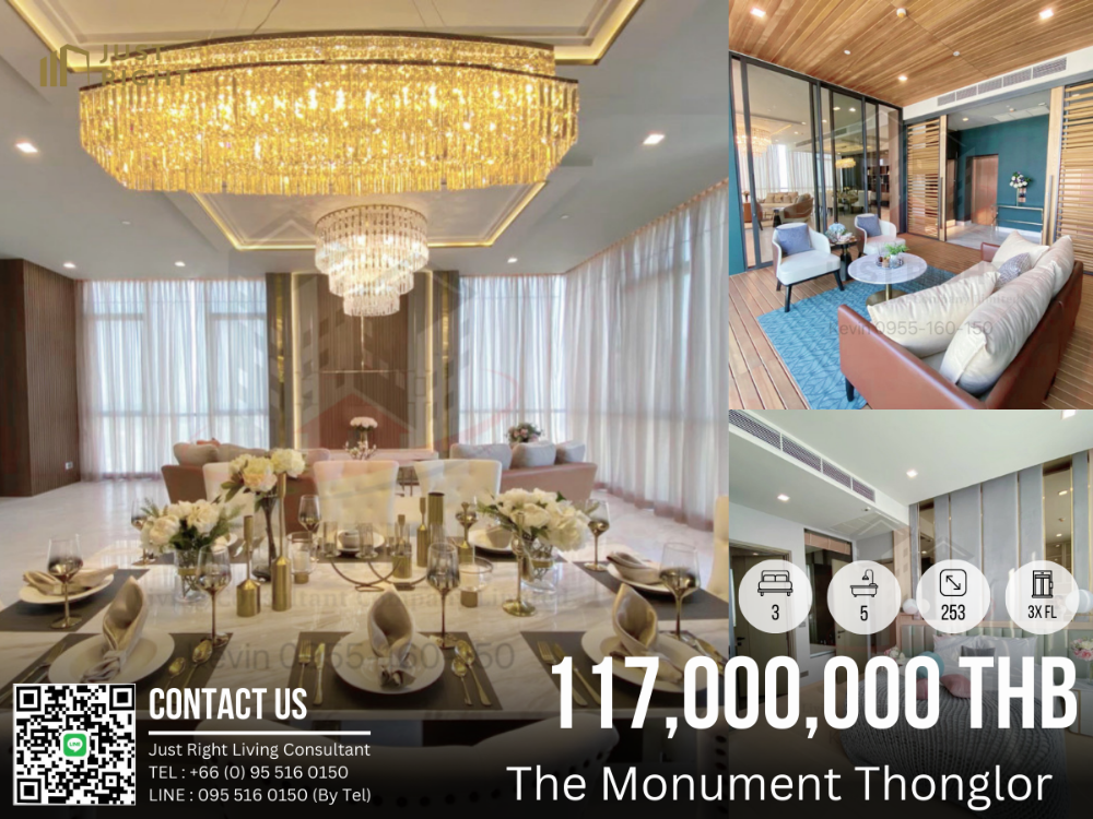 For SaleCondoSukhumvit, Asoke, Thonglor : For sale The Monument Thonglor 3 bedrooms, 5 bathrooms, 253 sq m. Decorated in luxury style, the ultimate luxury project from Sansiri, with full facilities and 5-star service, special price only 117 million baht (transfer fee paid by each party 1%)