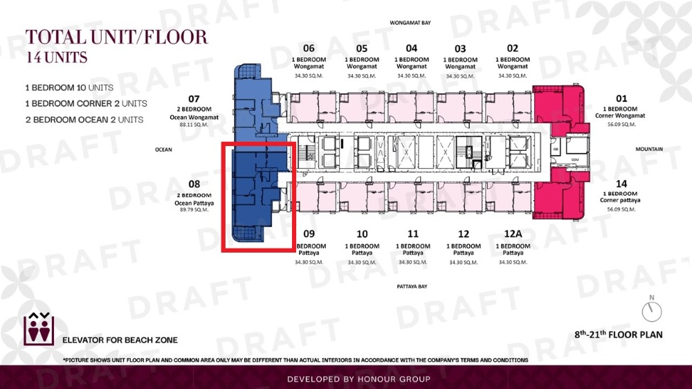 Sale DownCondoPattaya, Bangsaen, Chonburi : ONCE Wongamat 2-bed, direct sea view, best location in the project