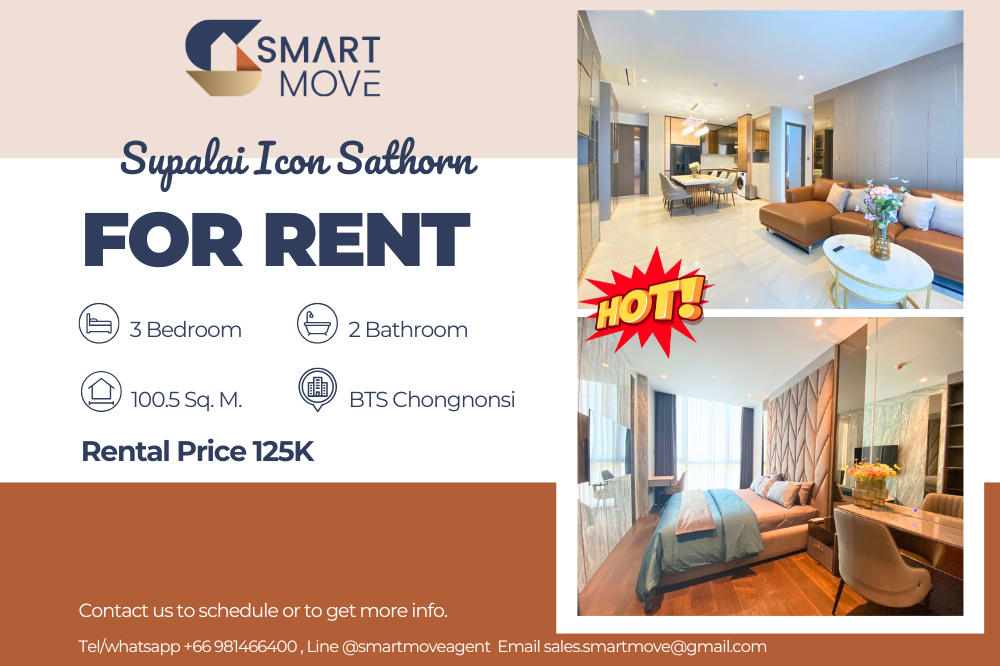 For RentCondoSathorn, Narathiwat : 🔥FOR RENT !! NEW ROOM !!🔥 Code C20250100039..........Supalai Icon Sathorn, 3 bedrooms, 2 bathrooms, high floor 29+, furnished, ready to move in📢📢