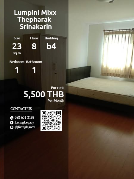 For RentCondoSamut Prakan,Samrong : SQDUO6 Condo for rent Lumpini Mixx Thepharak - Srinakarin 23 sq m. 8th floor, Building B4 line id : @livinglegacy