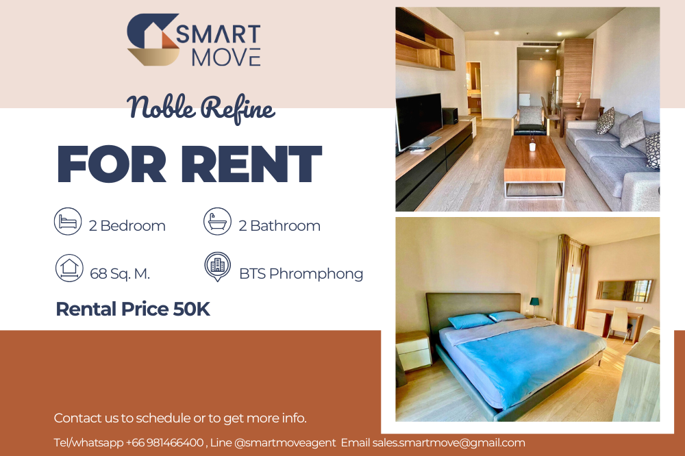 For RentCondoSukhumvit, Asoke, Thonglor : 🔥FOR RENT !! 🔥Code C20250100038.........Noble Refine, 2 bedrooms, 2 bathrooms, high floor 17+, furnished, ready to move in📢📢