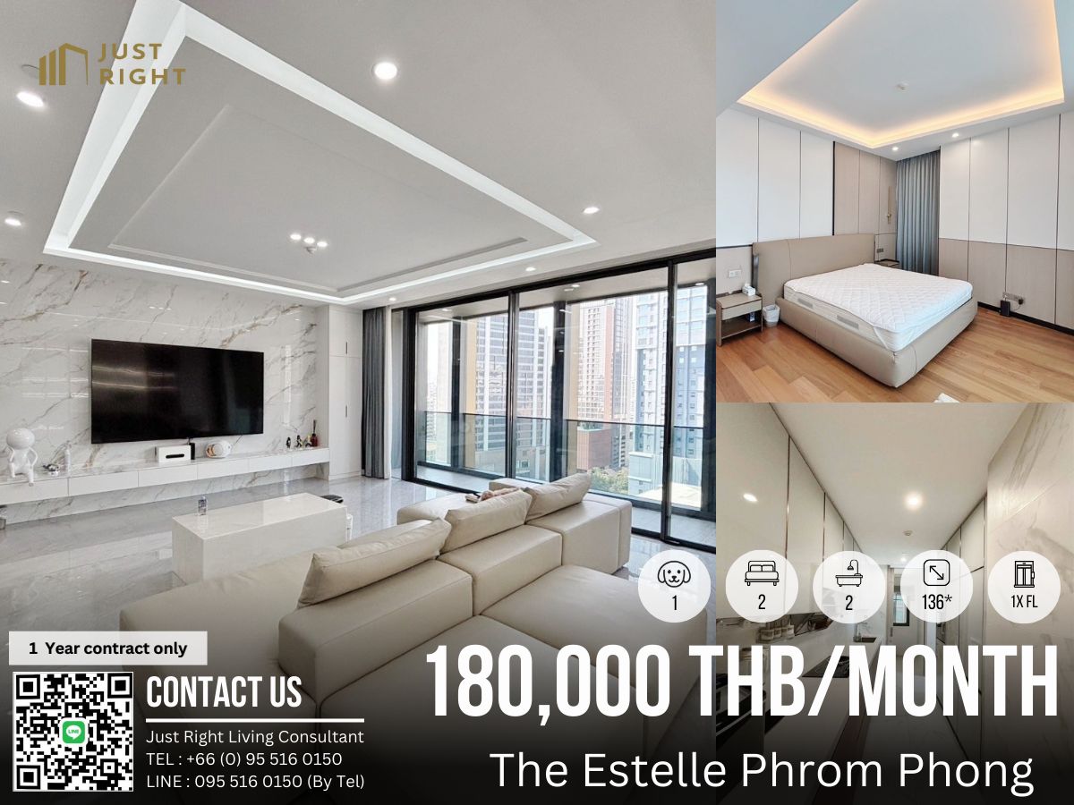For RentCondoSukhumvit, Asoke, Thonglor : For rent, Pet Friendly The Estelle Phrom Phong, 2 bedrooms, 2 bathrooms, 136* sq m, 1x floor, fully furnished, complete electrical appliances, only 180,000 baht / month, 1 year contract only.
