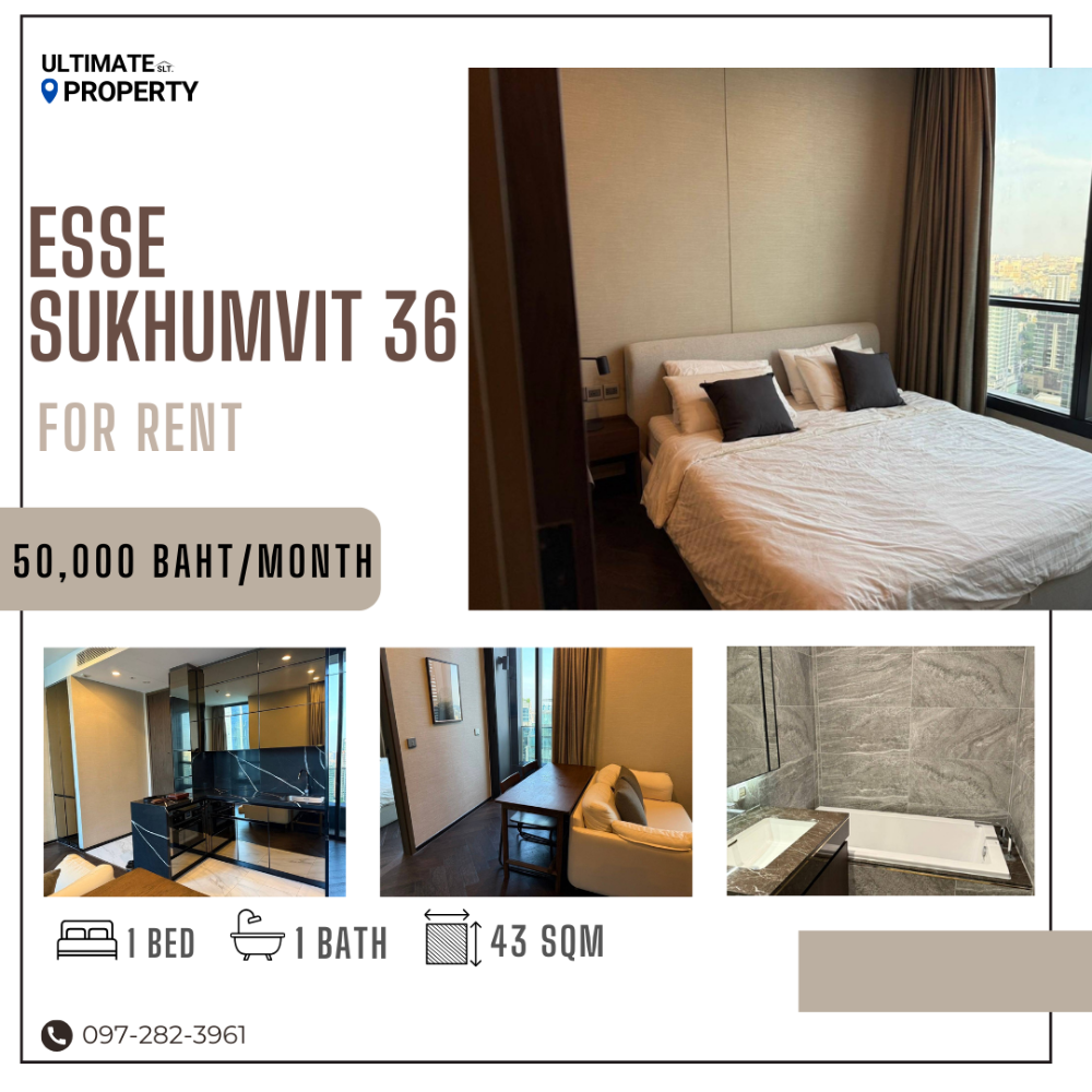 For RentCondoSukhumvit, Asoke, Thonglor : FOR RENT | ESSE Sukhumvit 36 ​​43 sq m, high floor 20+, has bathtub with large onsen.